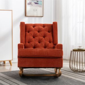 Dolonm Nursery Rocking Chair Upholstered Mid Century Modern Rocker Oversized Wingback Armchair for Living Room with Solid Wood Base (Orange)