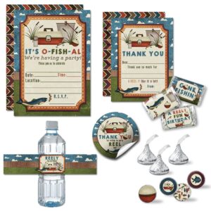 amanda creation deluxe gone fishing reely fun birthday party bundle includes 20 invitations & thank you cards with envelopes + 3 different sizes of stickers & water bottle labels!