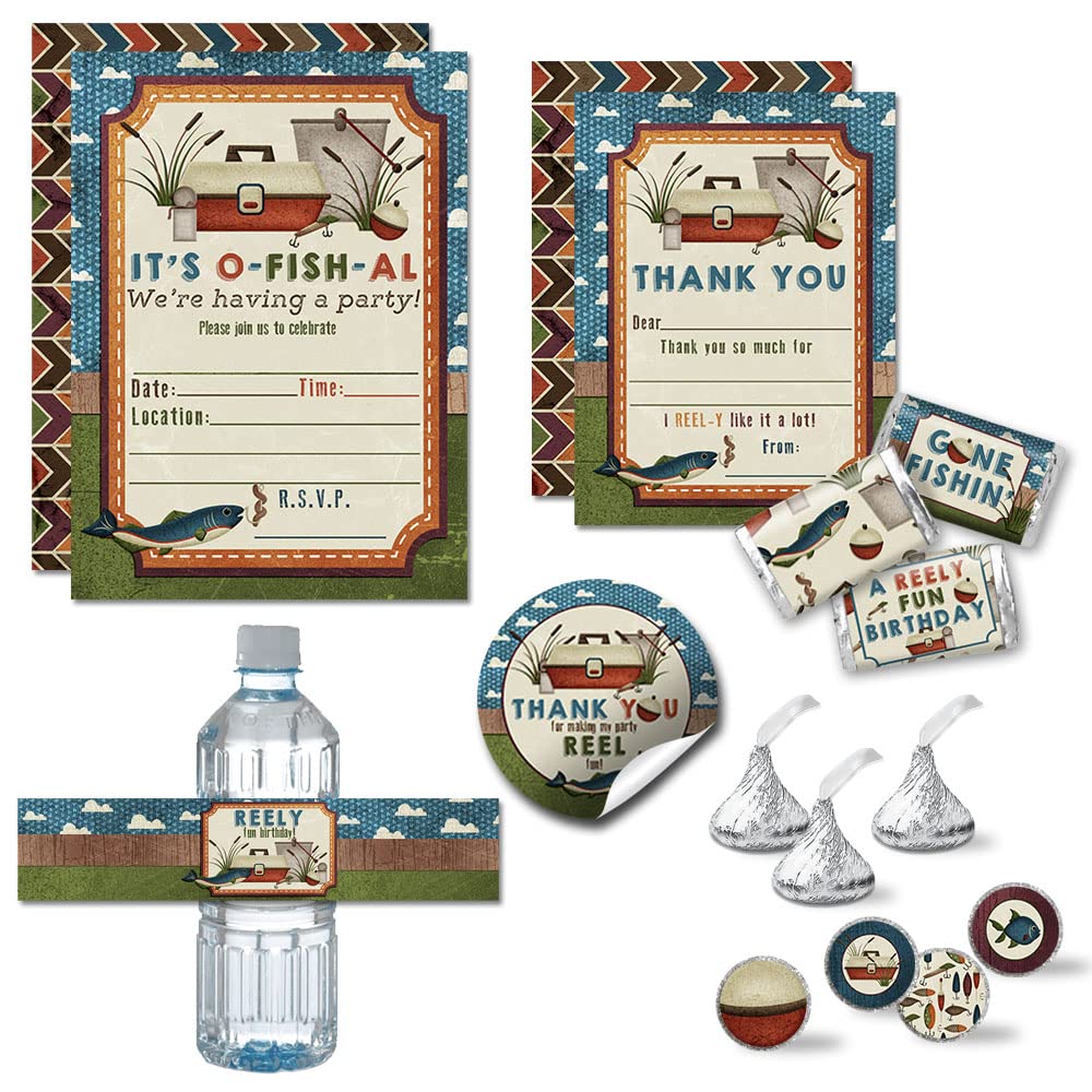 Amanda Creation Deluxe Gone Fishing REELY Fun Birthday Party Bundle Includes 20 Invitations & Thank You Cards with Envelopes + 3 Different Sizes of Stickers & Water Bottle Labels!