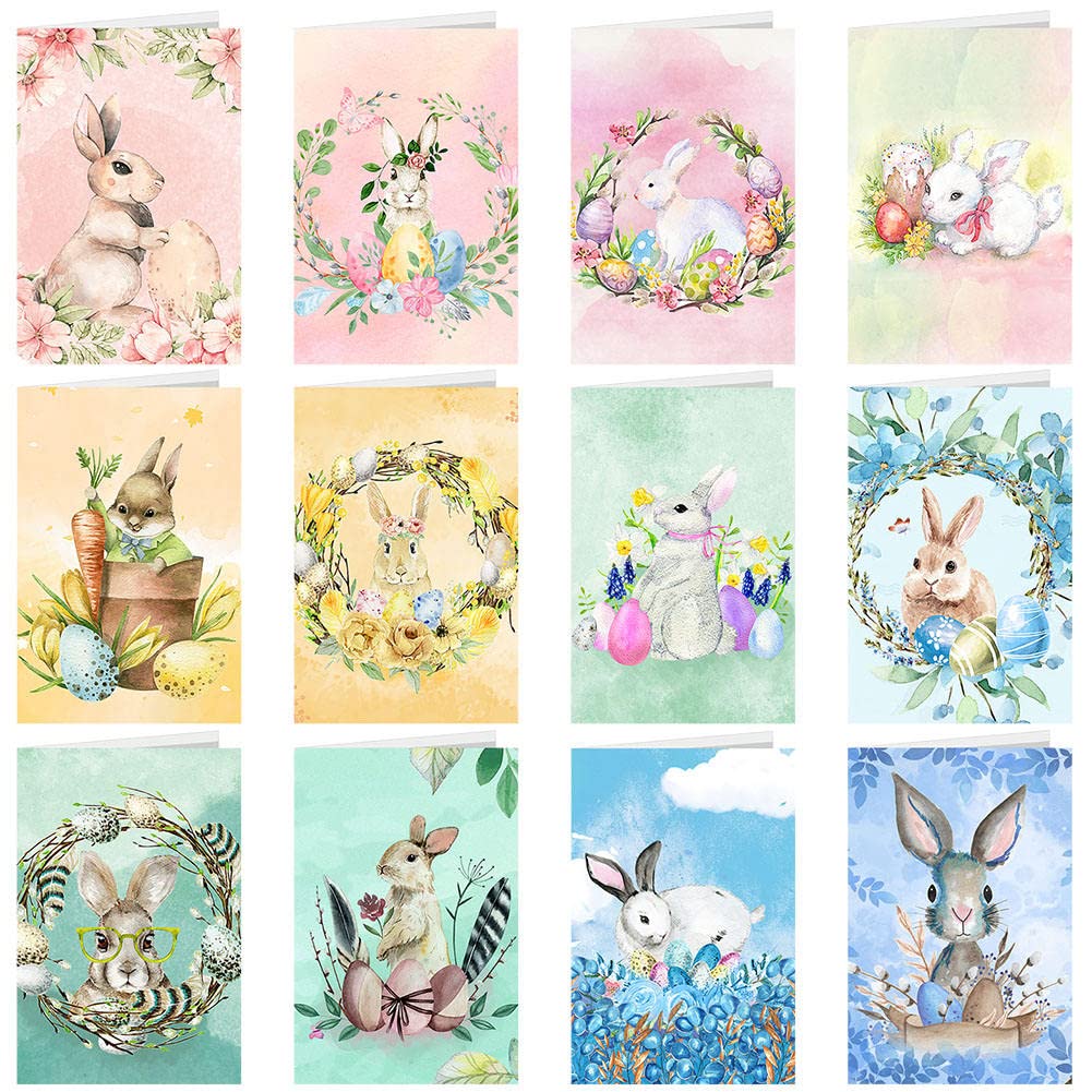 BINBE 12 Pcs Easter Cards,12 Designs Assorted Easter Greeting Cards with Envelopes for All Occasions, Birthday, Sympathy, Thanks Cards (Easter)