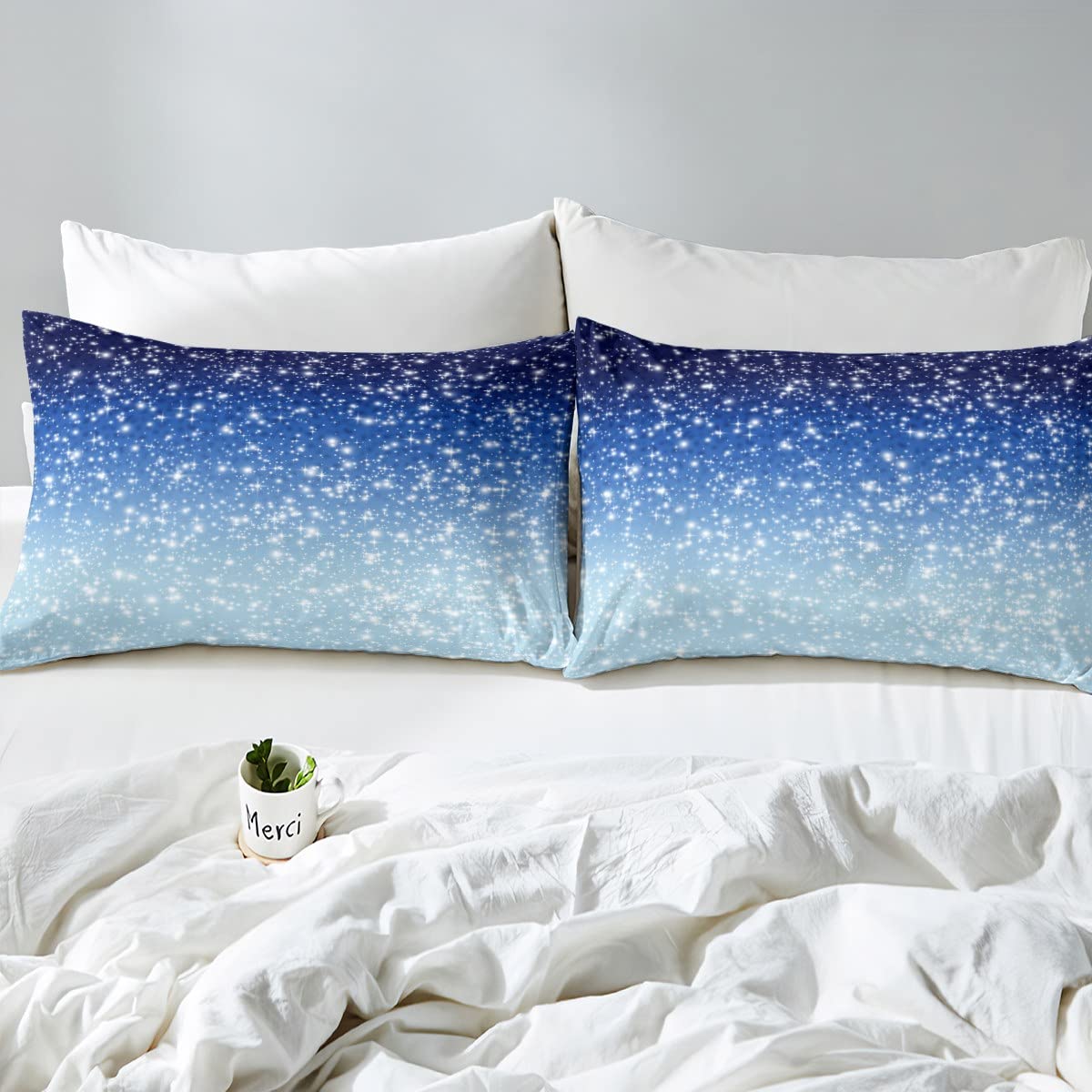 Erosebridal Blue Galaxy Bed Sheets Twin Pastel Dark Blue Ombre Bedding Set,Navy Blue Ombre Fitted Sheet for Kids Boys Girls Teens Bedroom Dorm,Sparkle Glitter Stars Bedding Sets 1 Pillow Case