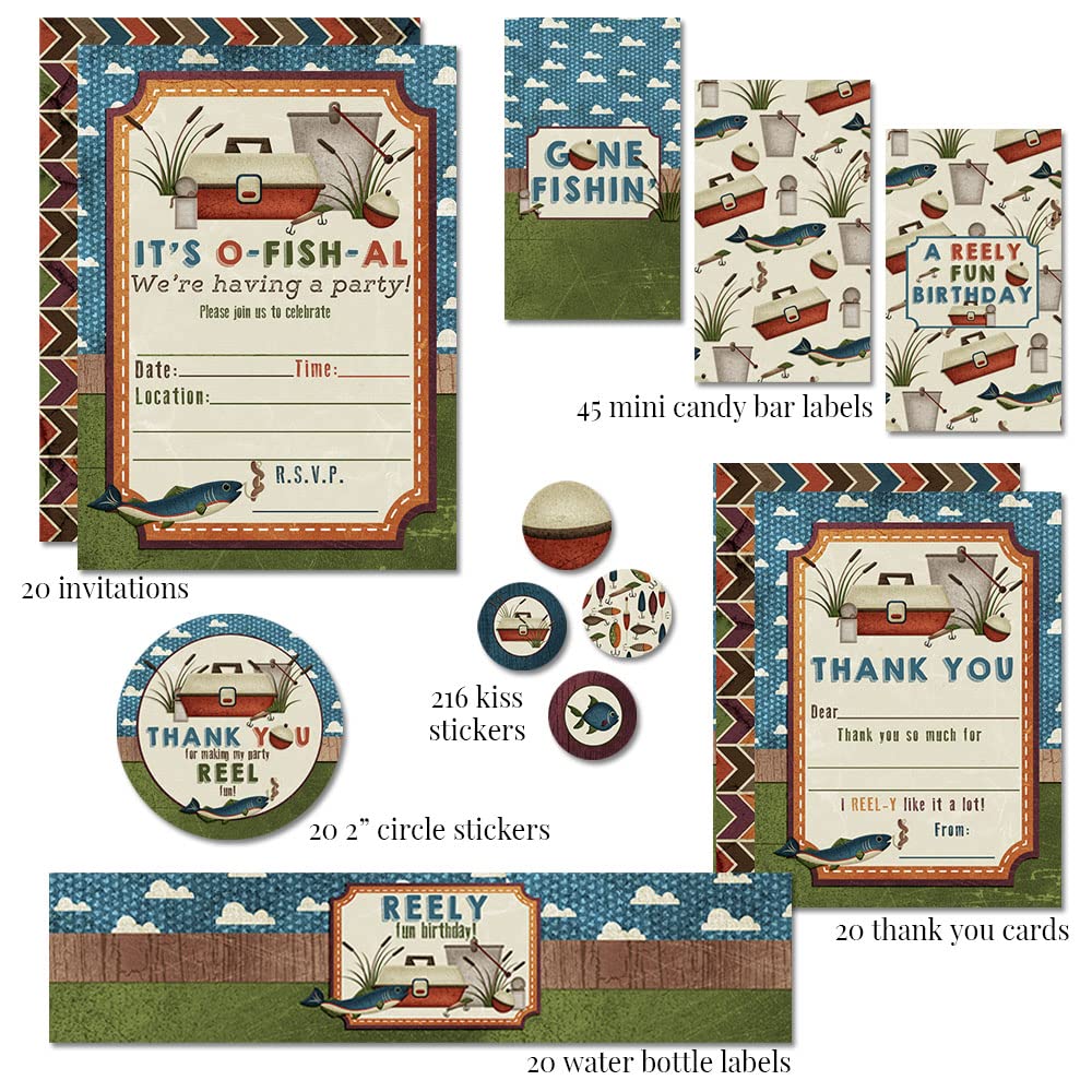 Amanda Creation Deluxe Gone Fishing REELY Fun Birthday Party Bundle Includes 20 Invitations & Thank You Cards with Envelopes + 3 Different Sizes of Stickers & Water Bottle Labels!