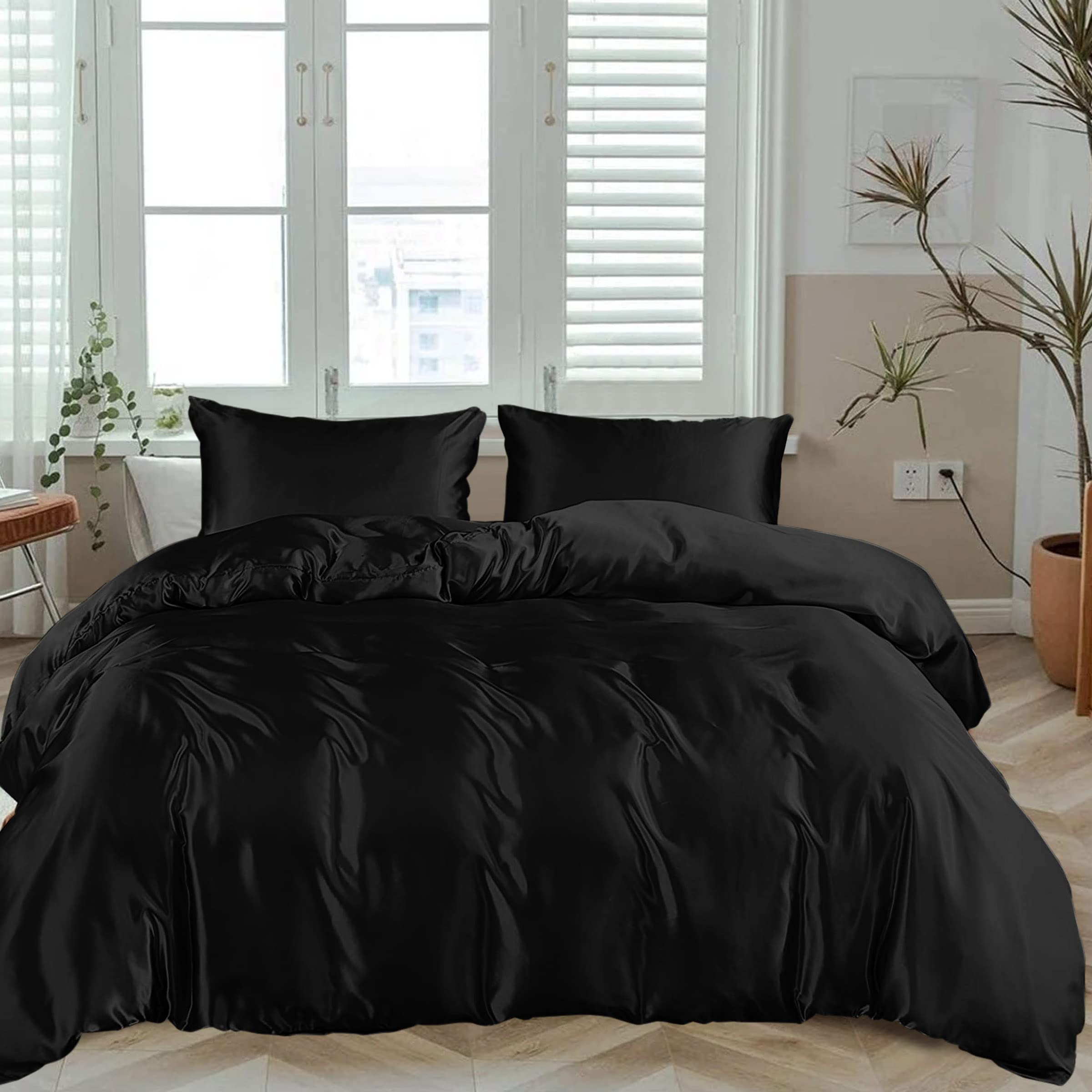 Linenwalas Tencel Lyocell Duvet Cover Set with Deep Pocket Fitted Sheet, Viscose Made from Eucalyptus Soft, Lightweight and Breathable Complete Halloween Black Bedding Set (Jet Black,California King)