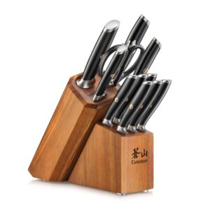 Cangshan L Series 12-Piece Knife Block Set with 6 Steak Knives, Forged German Steel, Acacia Block, Black, 1026061