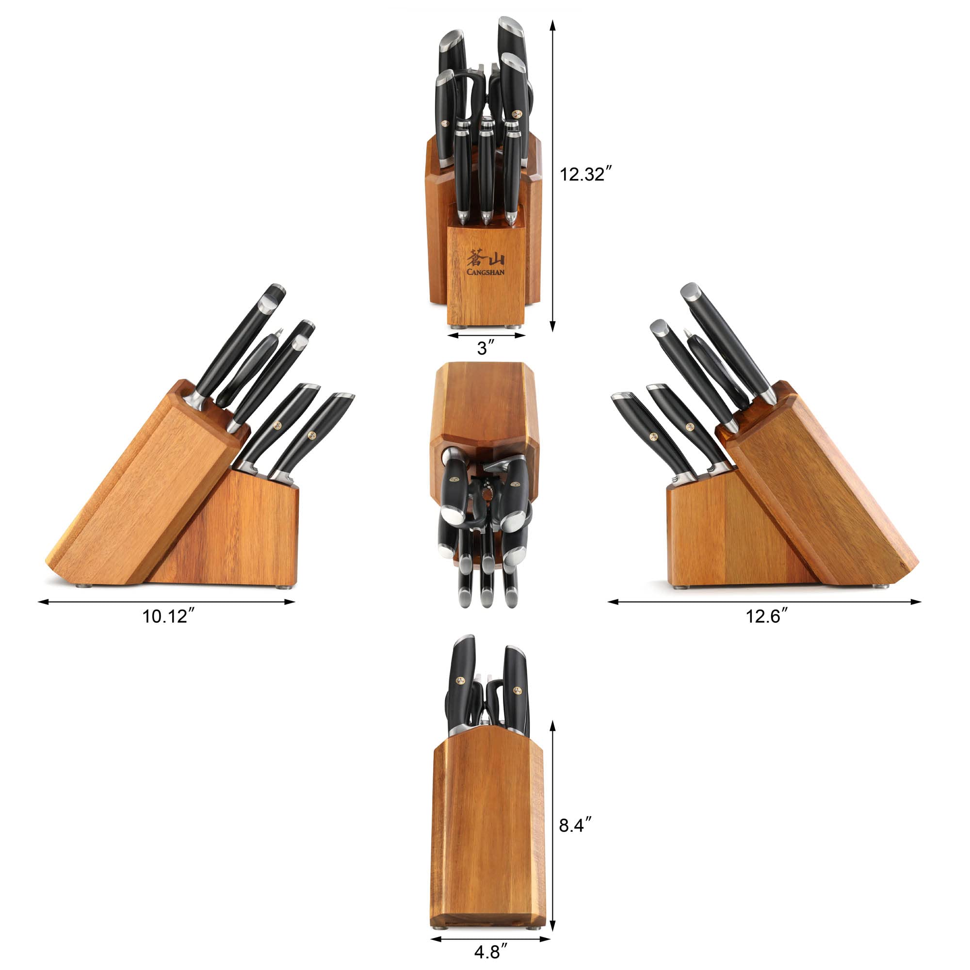 Cangshan L Series 12-Piece Knife Block Set with 6 Steak Knives, Forged German Steel, Acacia Block, Black, 1026061