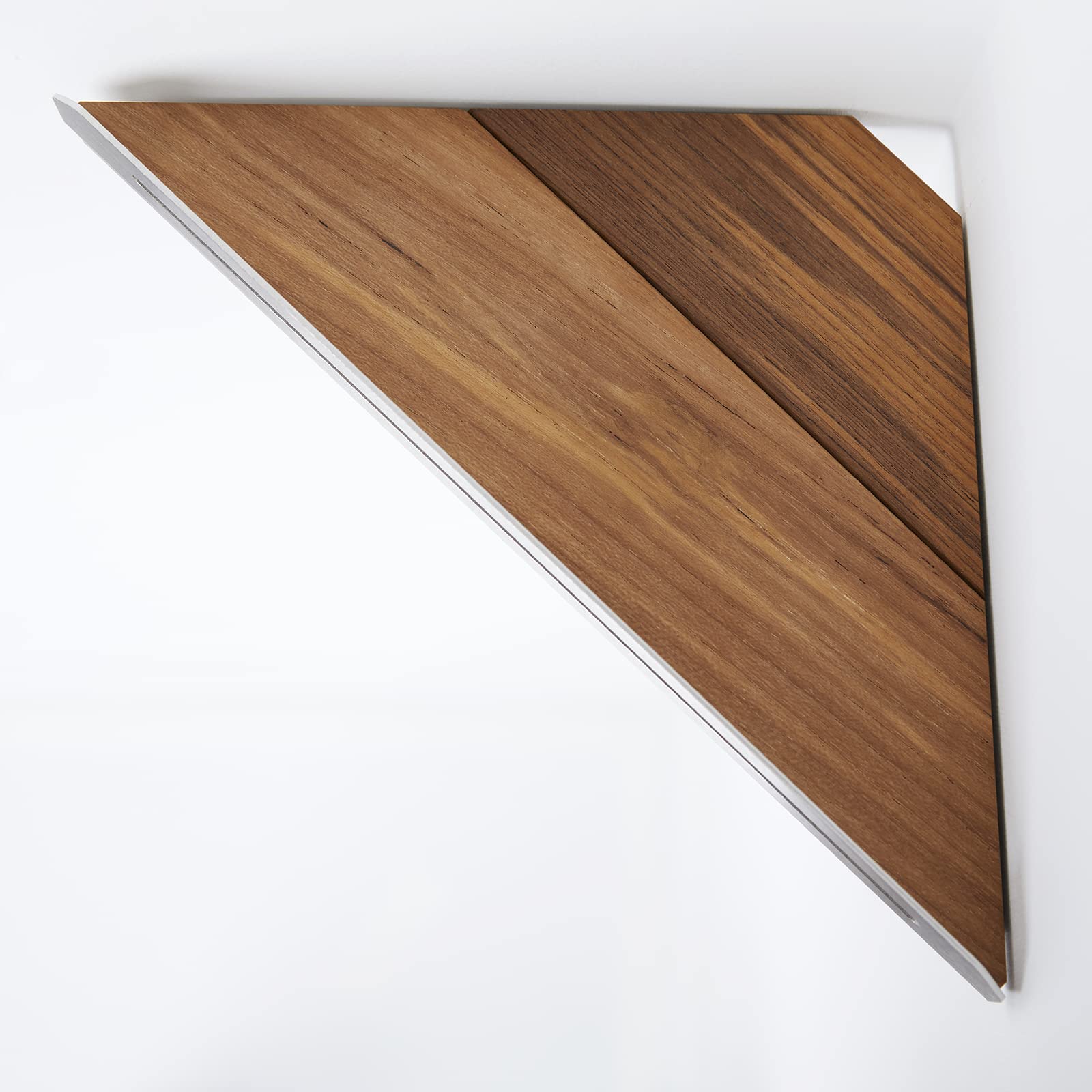 Seachrome Corner Shower Shelf in a Satin Finish with a Natural Teak Wood Insert