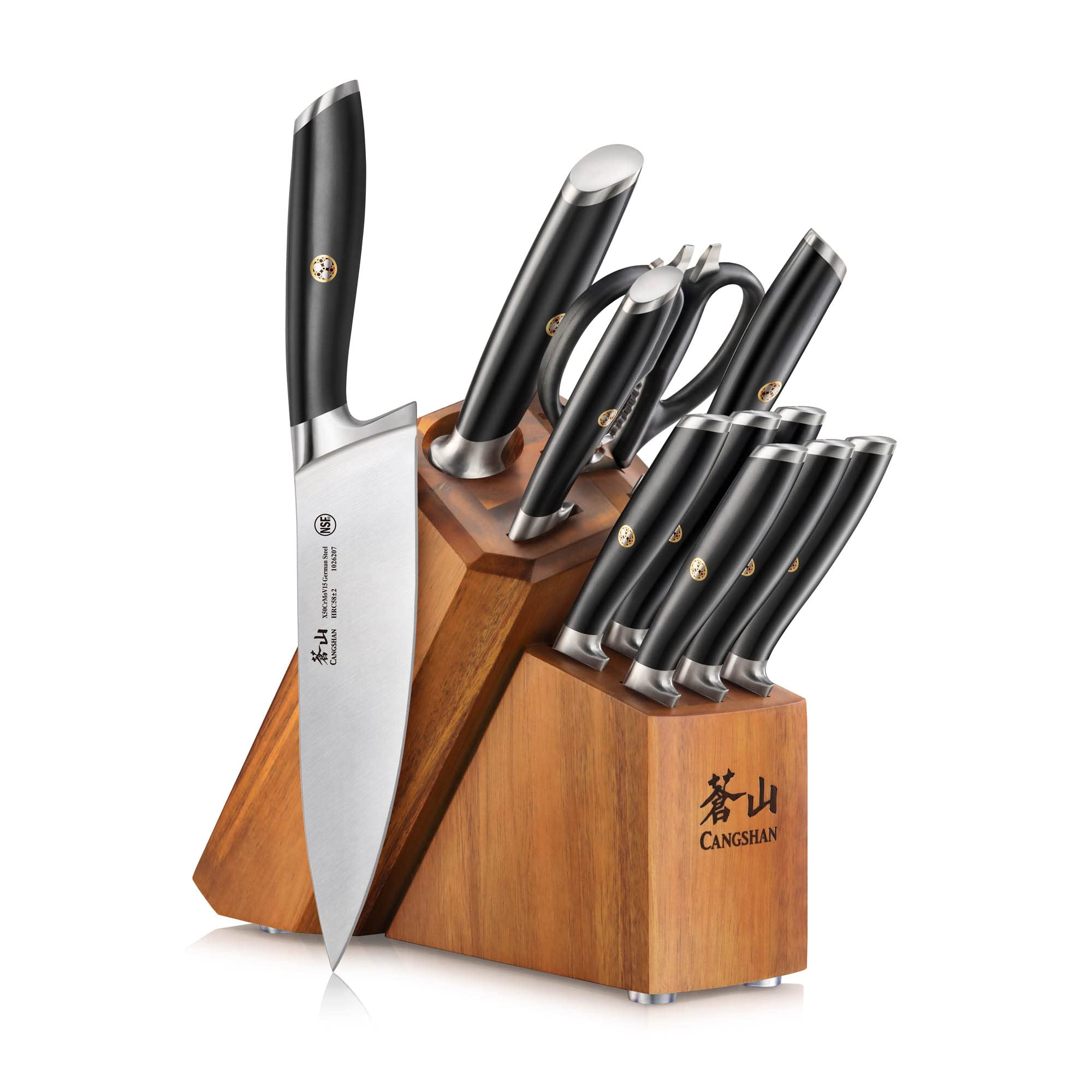 Cangshan L Series 12-Piece Knife Block Set with 6 Steak Knives, Forged German Steel, Acacia Block, Black, 1026061