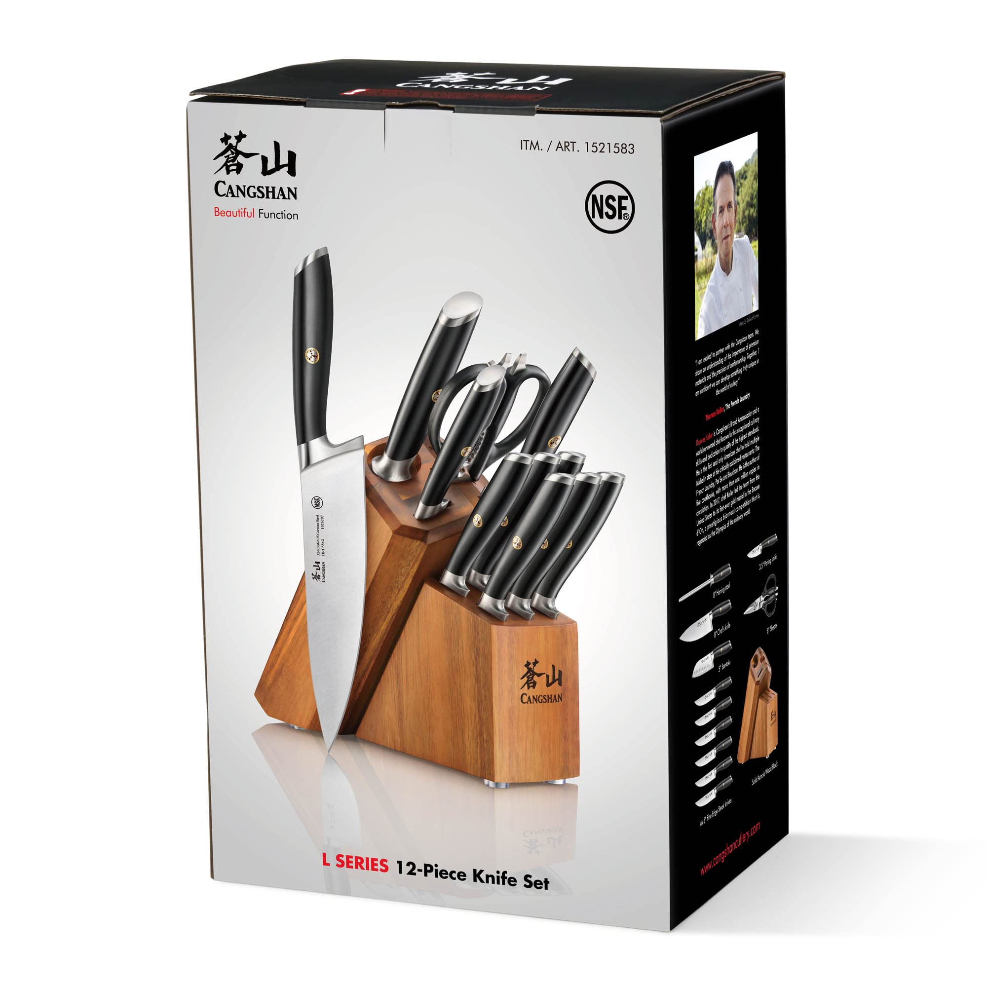 Cangshan L Series 12-Piece Knife Block Set with 6 Steak Knives, Forged German Steel, Acacia Block, Black, 1026061