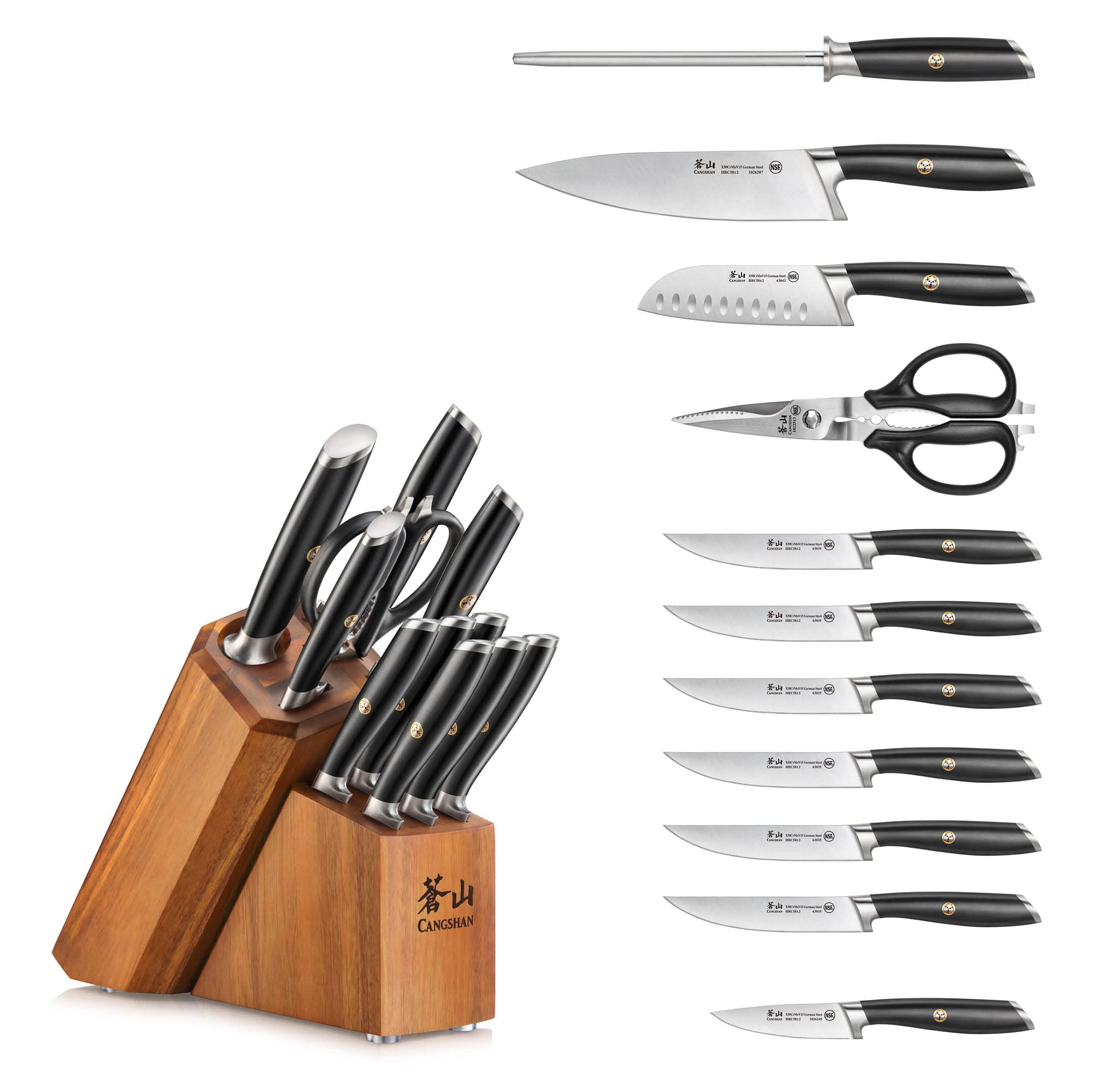 Cangshan L Series 12-Piece Knife Block Set with 6 Steak Knives, Forged German Steel, Acacia Block, Black, 1026061