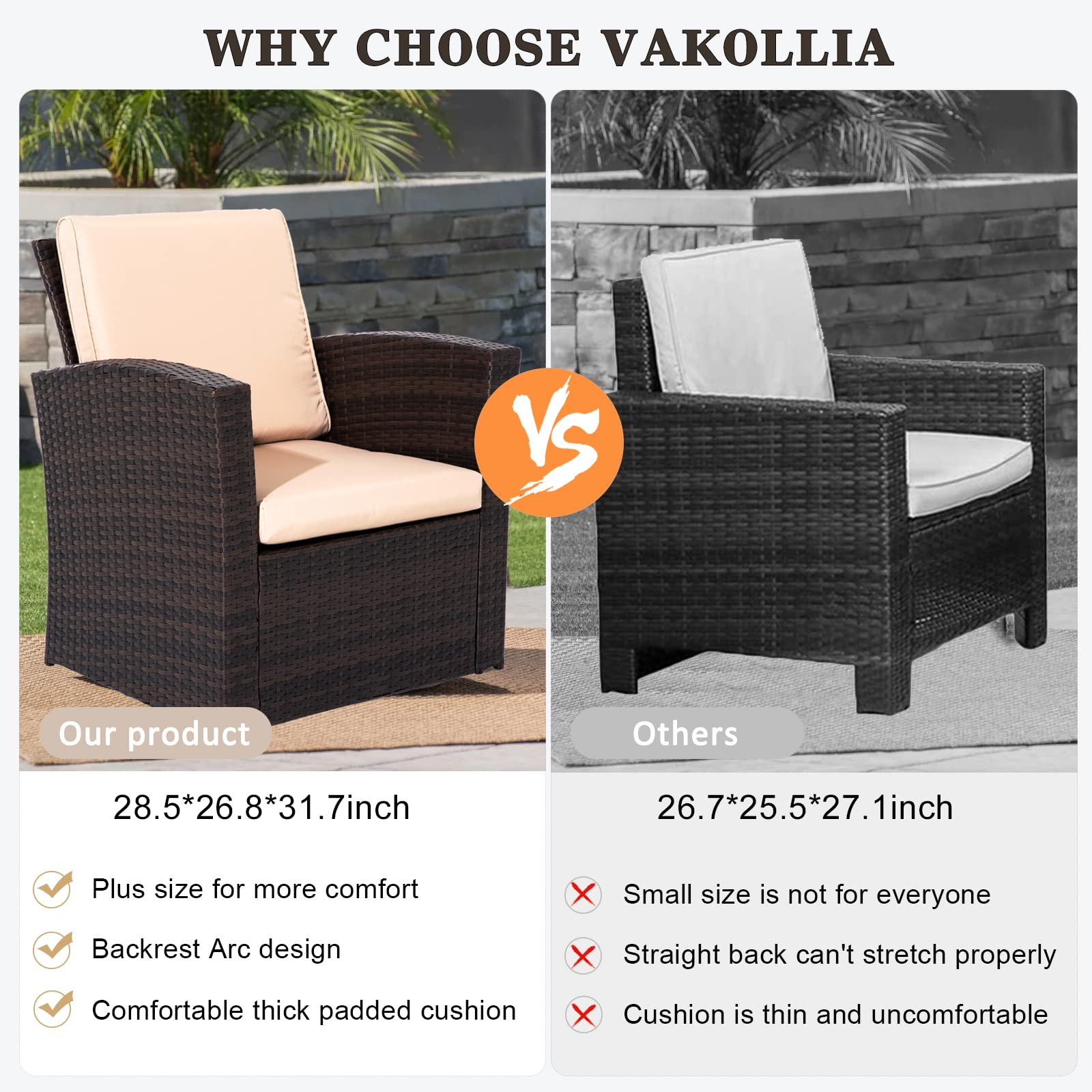 Vakollia 4 Piece Outdoor Patio Furniture Sets, Wicker Rattan Conversation Sofa Set with Table & Chair for Backyard Balcony Garden Poolside Porch (Brown-Beige)