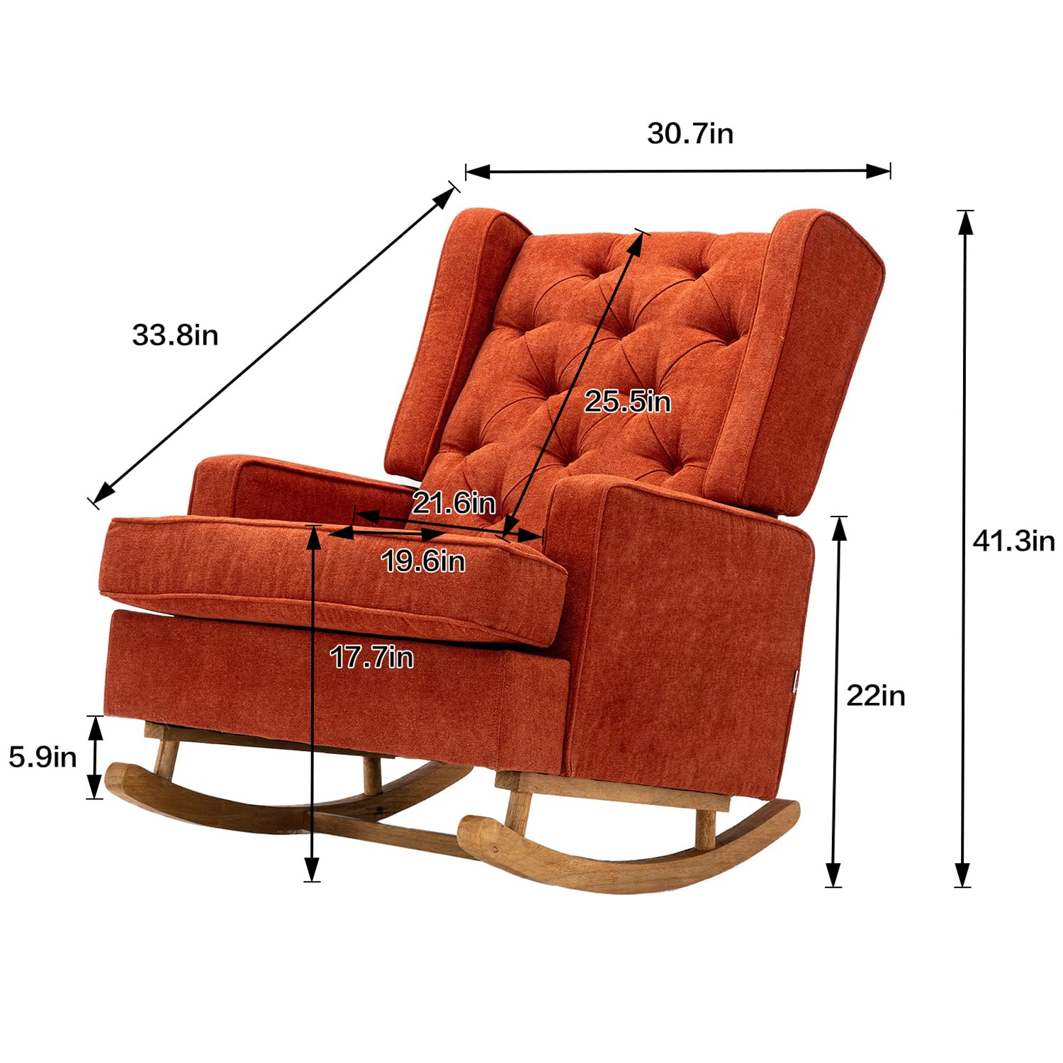 Dolonm Nursery Rocking Chair Upholstered Mid Century Modern Rocker Oversized Wingback Armchair for Living Room with Solid Wood Base (Orange)