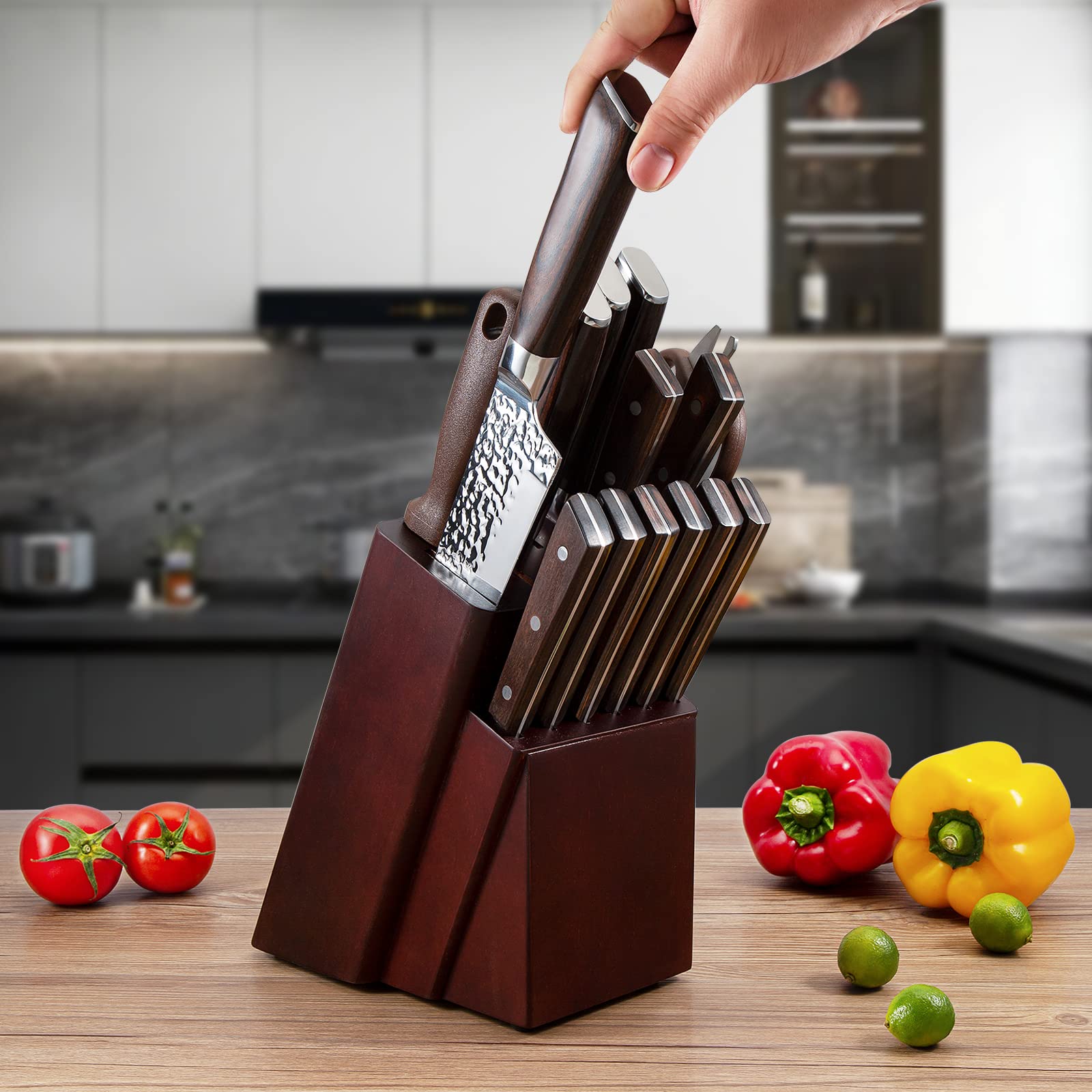 FEECOOL knife Set, Kitchen Knife Set,15 Pieces Knife Set with Block, Germany High Carbon Stainless Steel Chef Knife Block Set, Knives Set for Kitchen with Sharpener, Ultra Sharp Chef Knife Set, Brown