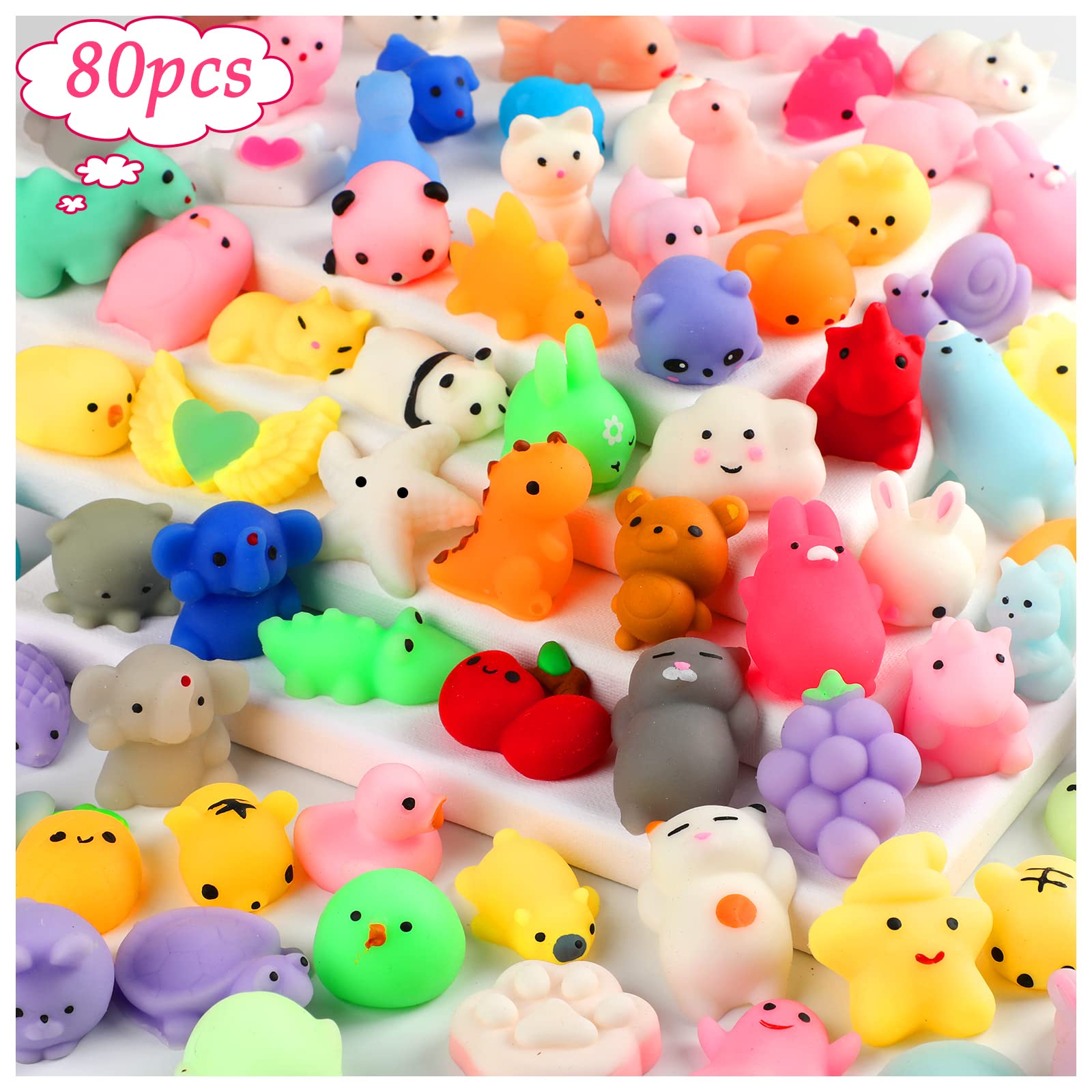 80pcs Mochi Squishy Toys, Mini Kawaii Squishy Fidget Toys Bundles Squishies Party Favors for Kids Gift for Easter Basket Stuffers Egg Fillers Birthday Classroom Prize Pinata Christmas Stocking