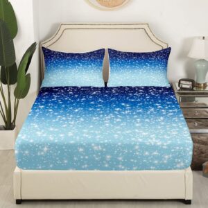 Erosebridal Blue Galaxy Bed Sheets Twin Pastel Dark Blue Ombre Bedding Set,Navy Blue Ombre Fitted Sheet for Kids Boys Girls Teens Bedroom Dorm,Sparkle Glitter Stars Bedding Sets 1 Pillow Case