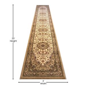 Flash Furniture Mersin Collection Persian Style Area Rug - Olefin Ivory Non-Shedding Fibers - 3' x 20' - Jute Backing - for Hallway, Entryway, Bedroom, Living Room