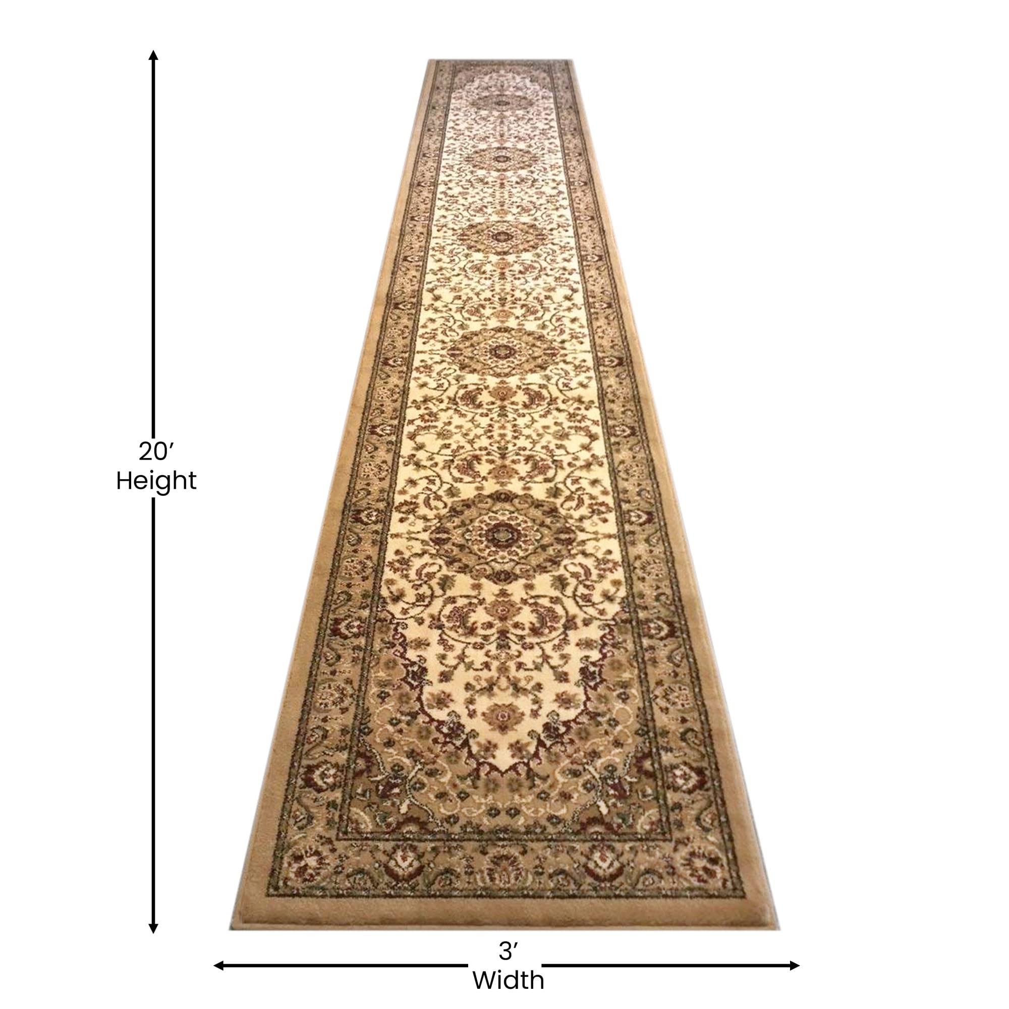 Flash Furniture Mersin Collection Persian Style Area Rug - Olefin Ivory Non-Shedding Fibers - 3' x 20' - Jute Backing - for Hallway, Entryway, Bedroom, Living Room