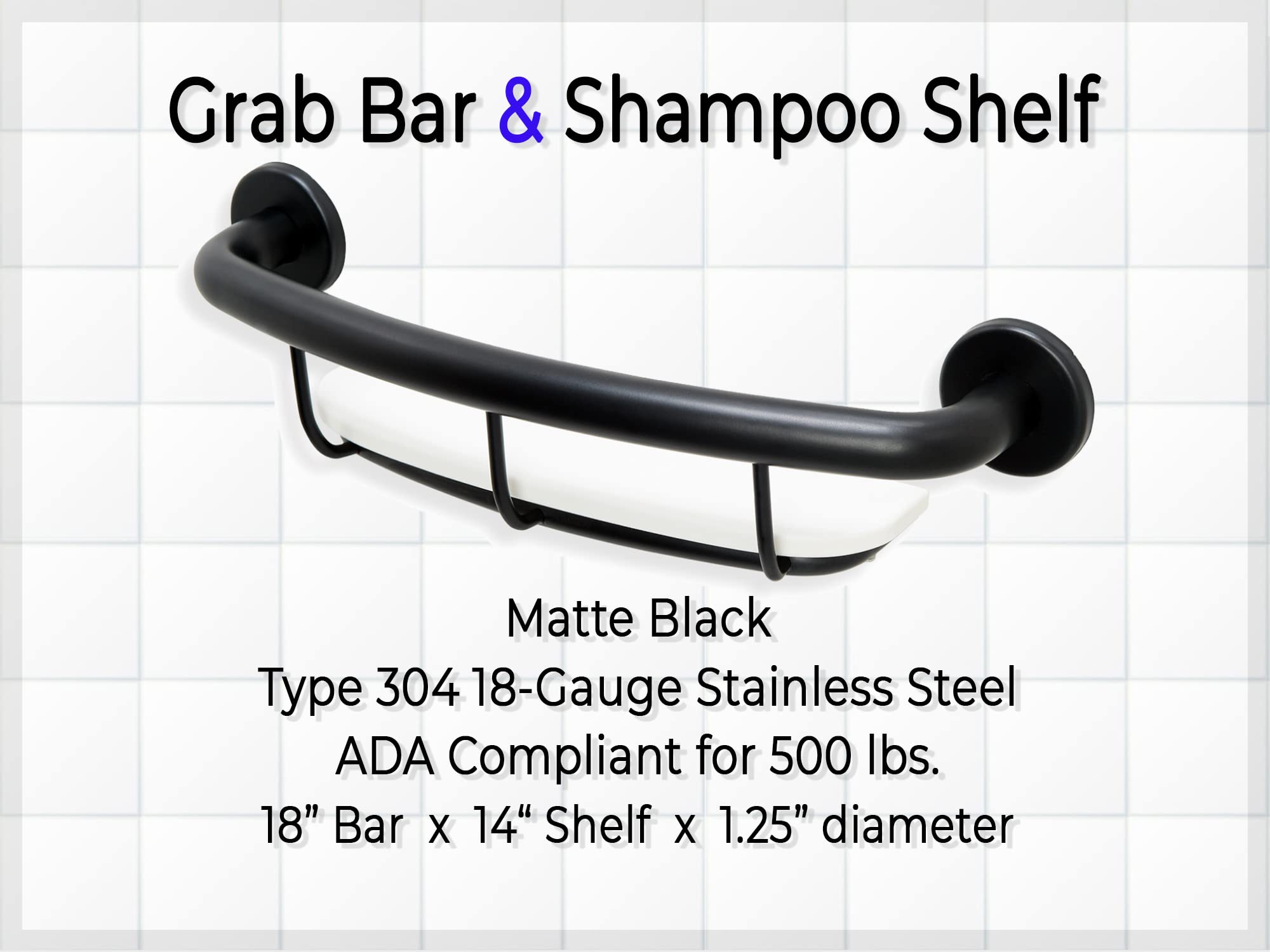 Shelf Grab Bar for Bathroom Shower Tub Kitchen Safety/304 Stainless Steel/Matte Black/ 18" x 5.5"