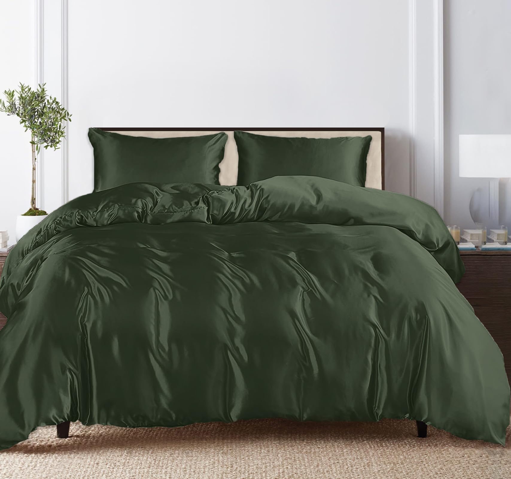 Linenwalas Tencel Lyocell Duvet Cover Set with Deep Pocket Fitted Sheet, Viscose Made from Eucalyptus Soft, Lightweight and Breathable Complete Bedding Set (Avocado Green, Full)