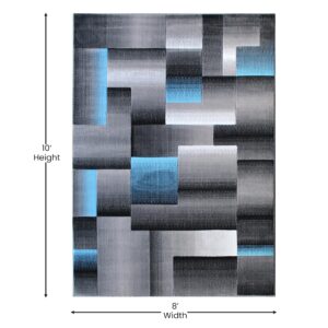 EMMA + OLIVER Malaga Olefin Accent Rug - Modern Cubist Pattern - Black and Gray Shades with Vibrant Blue Accents - 8x10 - Moisture & Stain Resistant