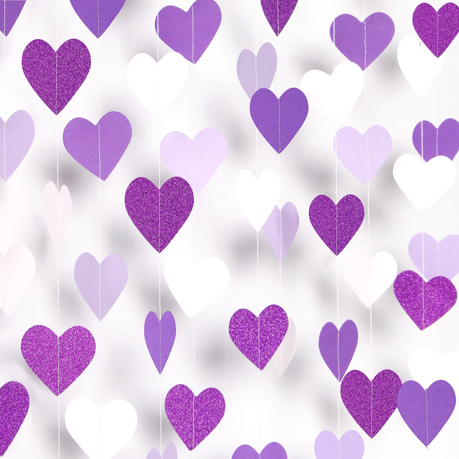 Purple Party Decoration Valentines-Day Heart-Garland - 52Ft Purple Lavender White Streamers Birthday Banner Baby Bridal Shower Wedding Engagement Bachelorette Graduation Decorations Lasting Surprise