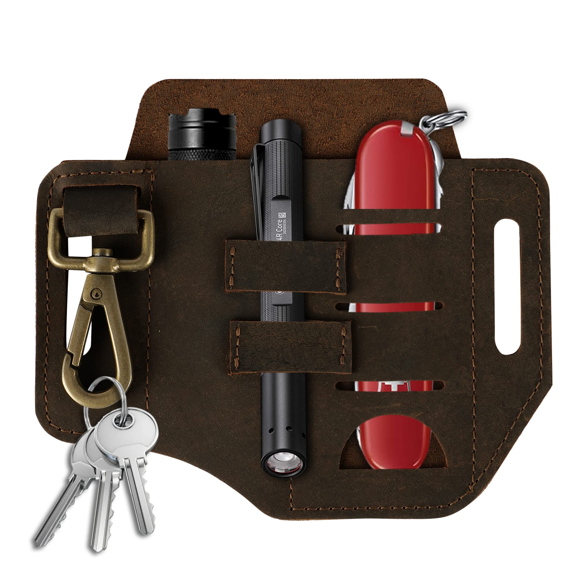 Leather EDC Multi-Tool Holder - Belt Pouch for Tools, Torch, Pen, Key Ring, Robust & Fashionable, Suitable for Professional & Everyday Carry, Perfect Present for Him