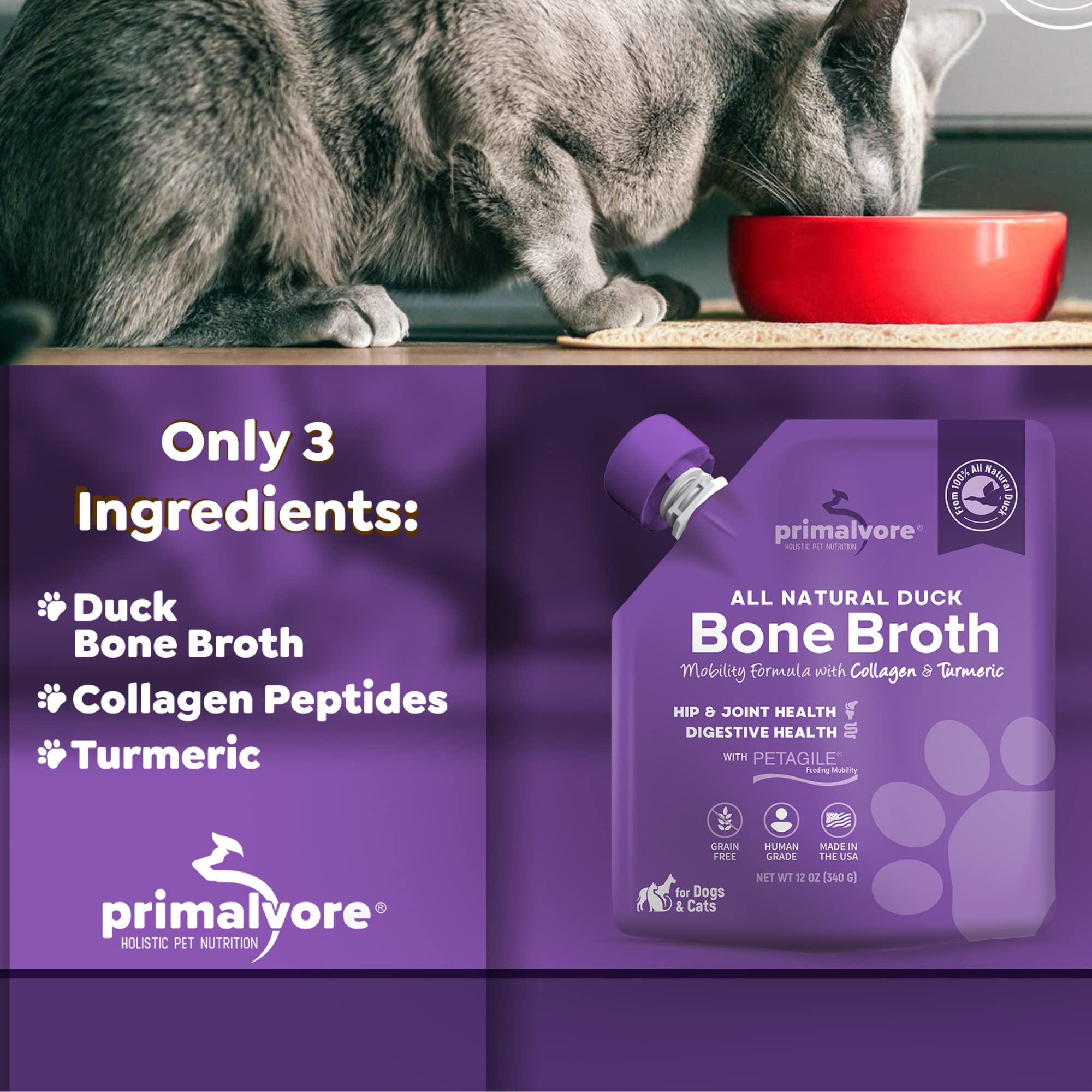 Primalvore All-Natural Duck Bone Broth for Dogs &Cats, Mobility Formula w/Collagen Peptides for Hip & Joints, Digestion, Skin & Coat and Hydration. Grain Free, Human Grade, Made in USA. Duck 6 Pack