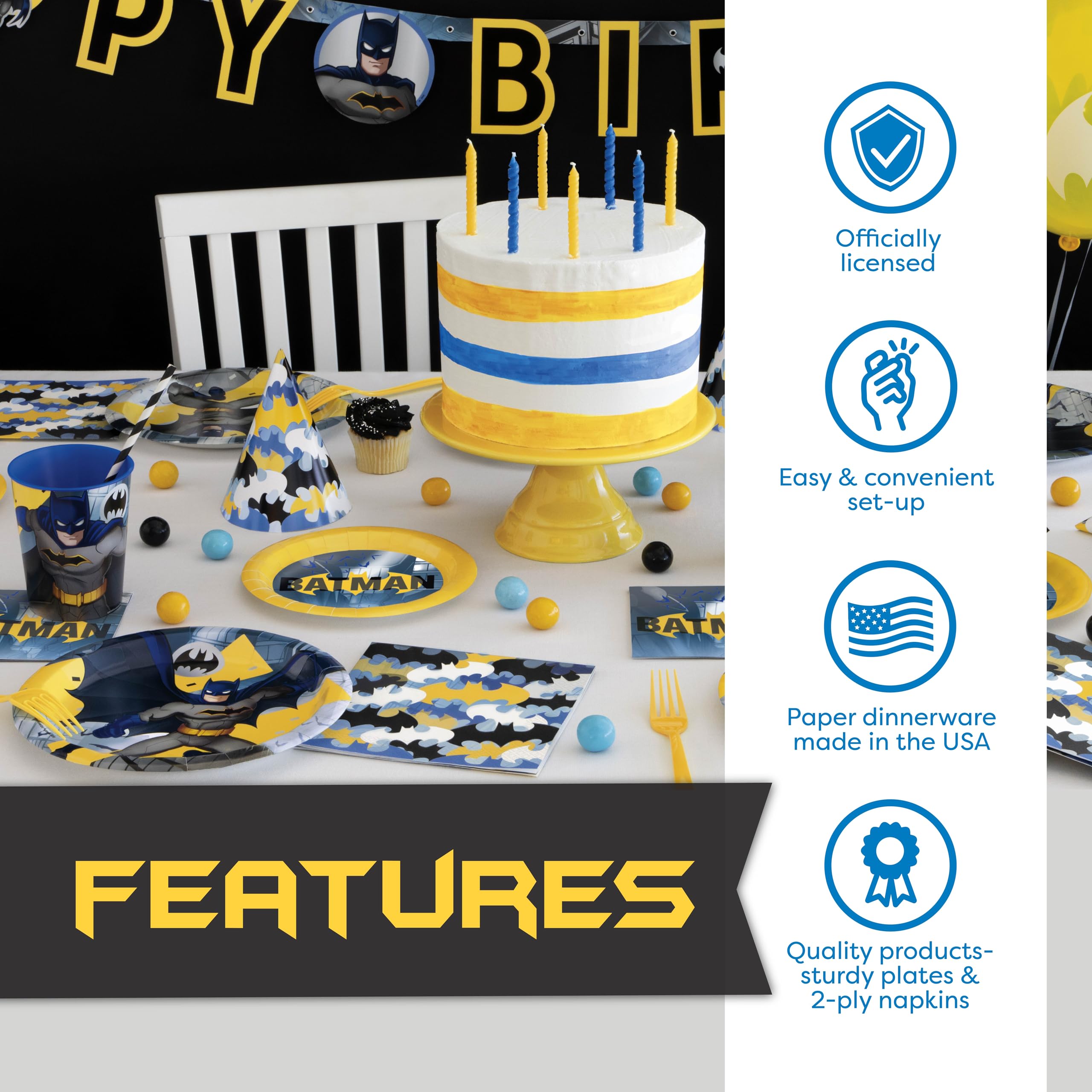 Batman Birthday Party Supplies | Batman Party Supplies | Batman Birthday Decorations | Batman Party Decorations | With Banner, Table Cover, Masks, Plates, Napkins, Button | For Boys or Girls | Serves