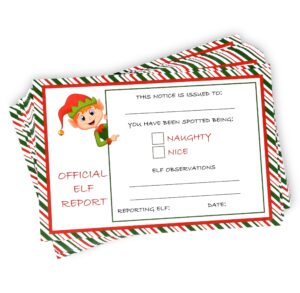 gift boutique 50 elf report cards 4" x 6" official elves report notice naughty or nice behavior xmas note card letter to santa north pole for holiday students & kids activities stationery set