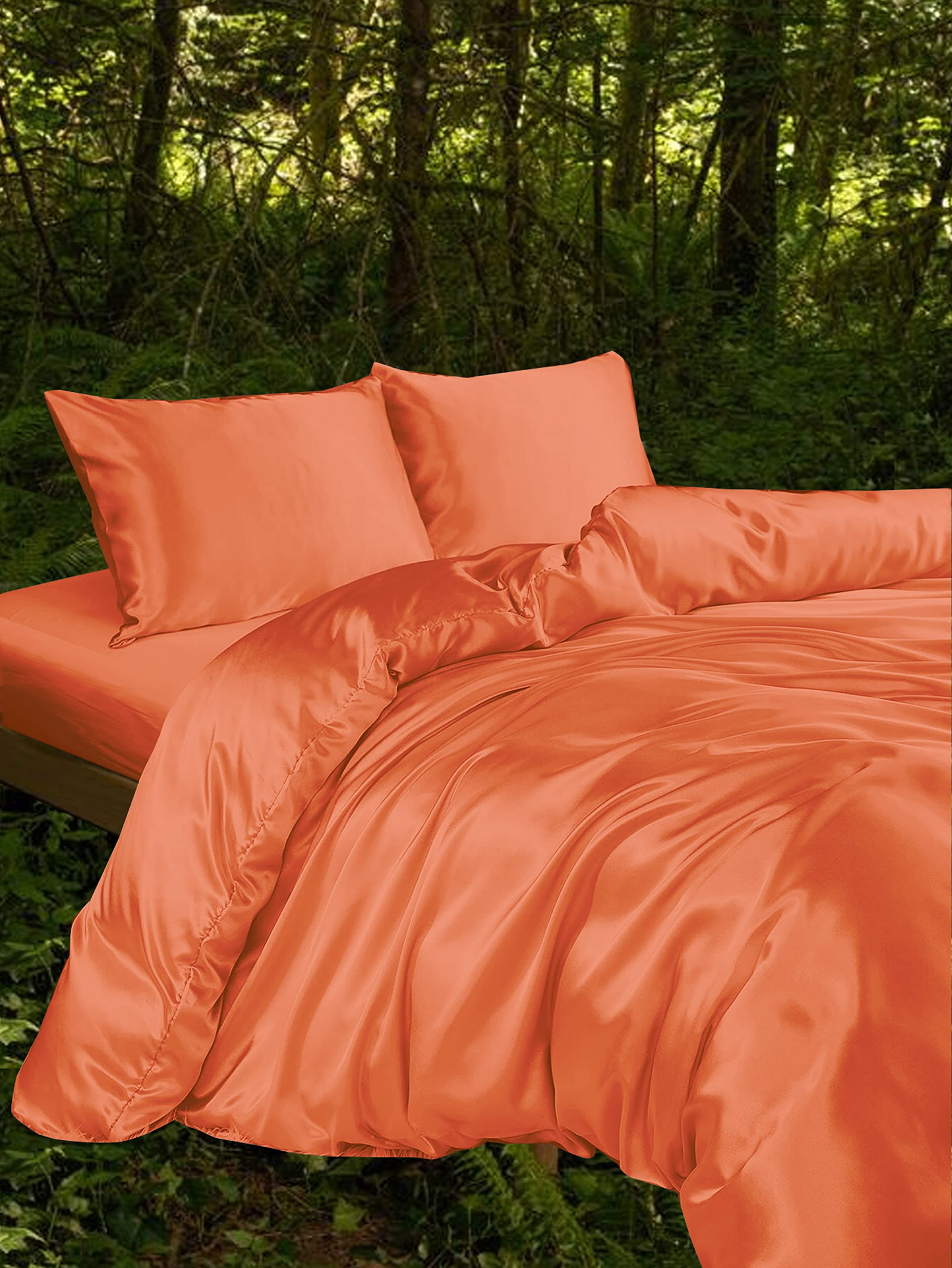 Linenwalas Tencel Lyocell Duvet Cover Set with Deep Pocket Fitted Sheet, Viscose Made from Eucalyptus Soft, Lightweight and Breathable Complete Bedding Set (Halloween Orange, Twin)