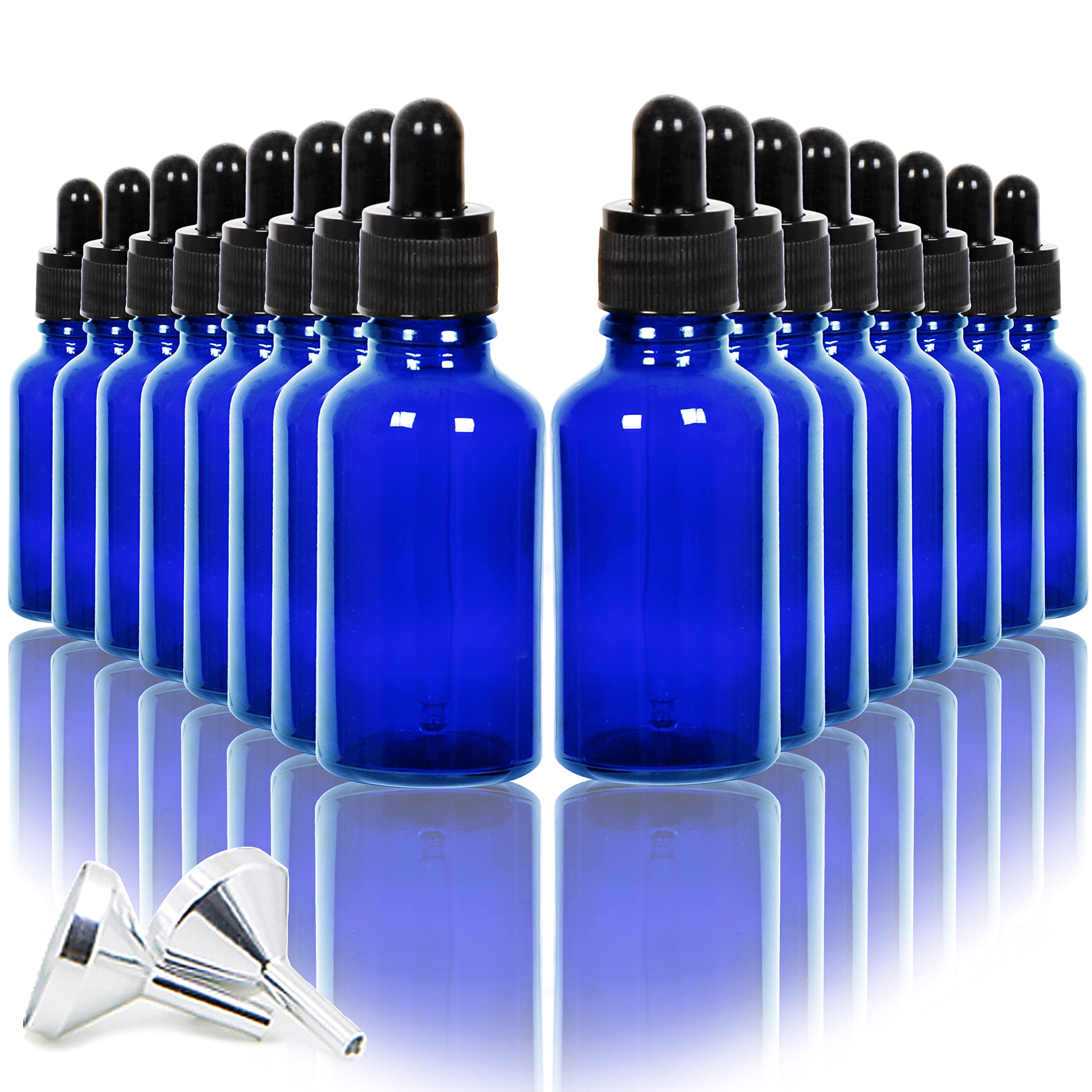 Youngever 16 Pack 1 Ounce Glass Dropper Bottles for Essential Oil, 2 Stainless Steel Mini Funnels (Blue)