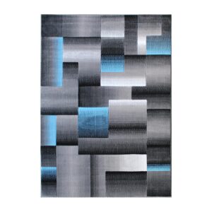 EMMA + OLIVER Malaga Olefin Accent Rug - Modern Cubist Pattern - Black and Gray Shades with Vibrant Blue Accents - 8x10 - Moisture & Stain Resistant