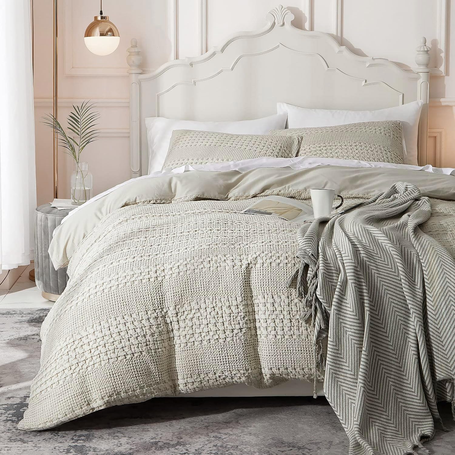 Ivellow Duvet Cover King Waffle Weave Duvet Cover Set 100% Cotton Textured Khaki Duvet Cover Cozy Soft Breathable King Duvet Cover Skin-Friendly Luxury Comforter Cover Bedding Set All Season 104"x90"