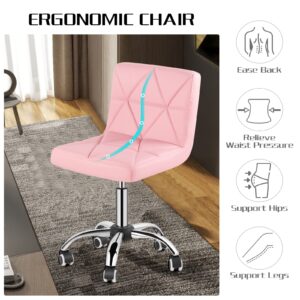 COSVALVE Armless Desk Chair, Low Back Swivel Office Chair, Adjustable Task Chair with Rolling Wheels and Diamond Pattern, for Home Computer Barber, Pink