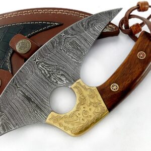 Damascus Steel alaskan Ulu Knife - Fixed Blade knife for Chopping Boning Slicing Cutting,Solid Burl Rose Wood Handle with Leather Sheath.SM145