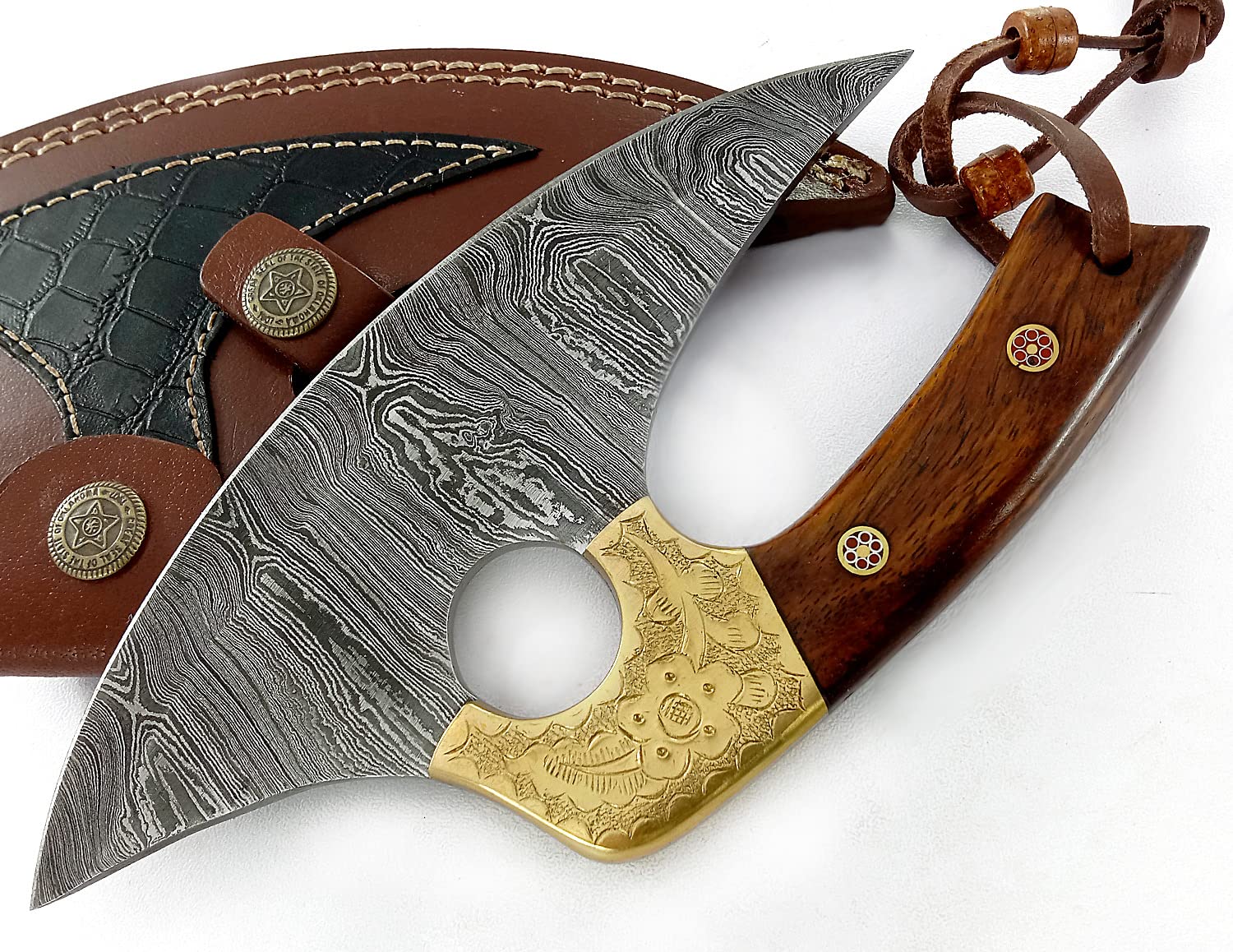 Damascus Steel alaskan Ulu Knife - Fixed Blade knife for Chopping Boning Slicing Cutting,Solid Burl Rose Wood Handle with Leather Sheath.SM145