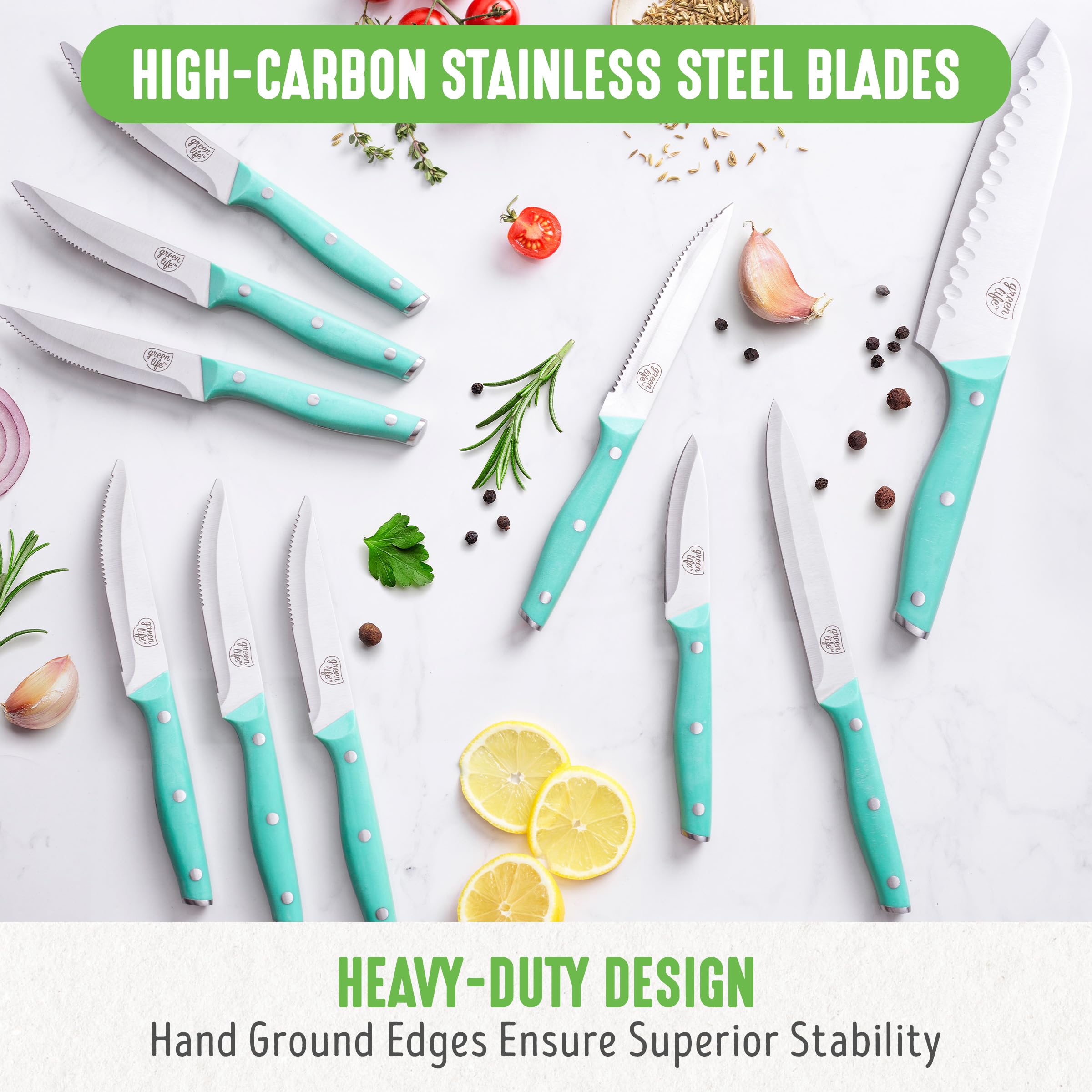 GreenLife High Carbon Stainless Steel 13 Piece Wood Knife Block Set with Chef Steak Knives and more, Comfort Grip Handles, Triple Rivet Cutlery, Turquoise