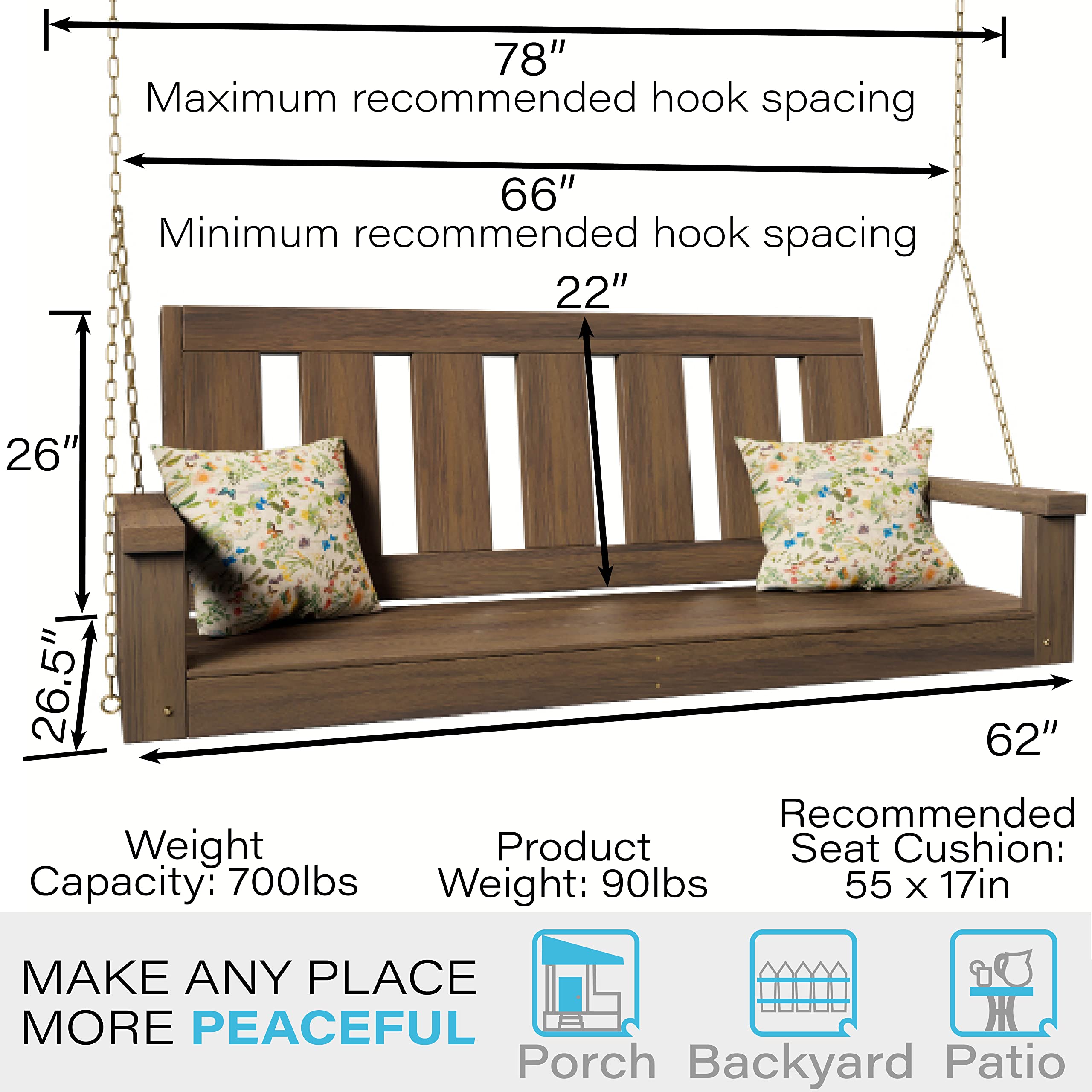 Porchgate Amish Heavy Duty 700 Lb Ardmore Porch Swing W/Chains (5 Foot, Warm Walnut Stain)