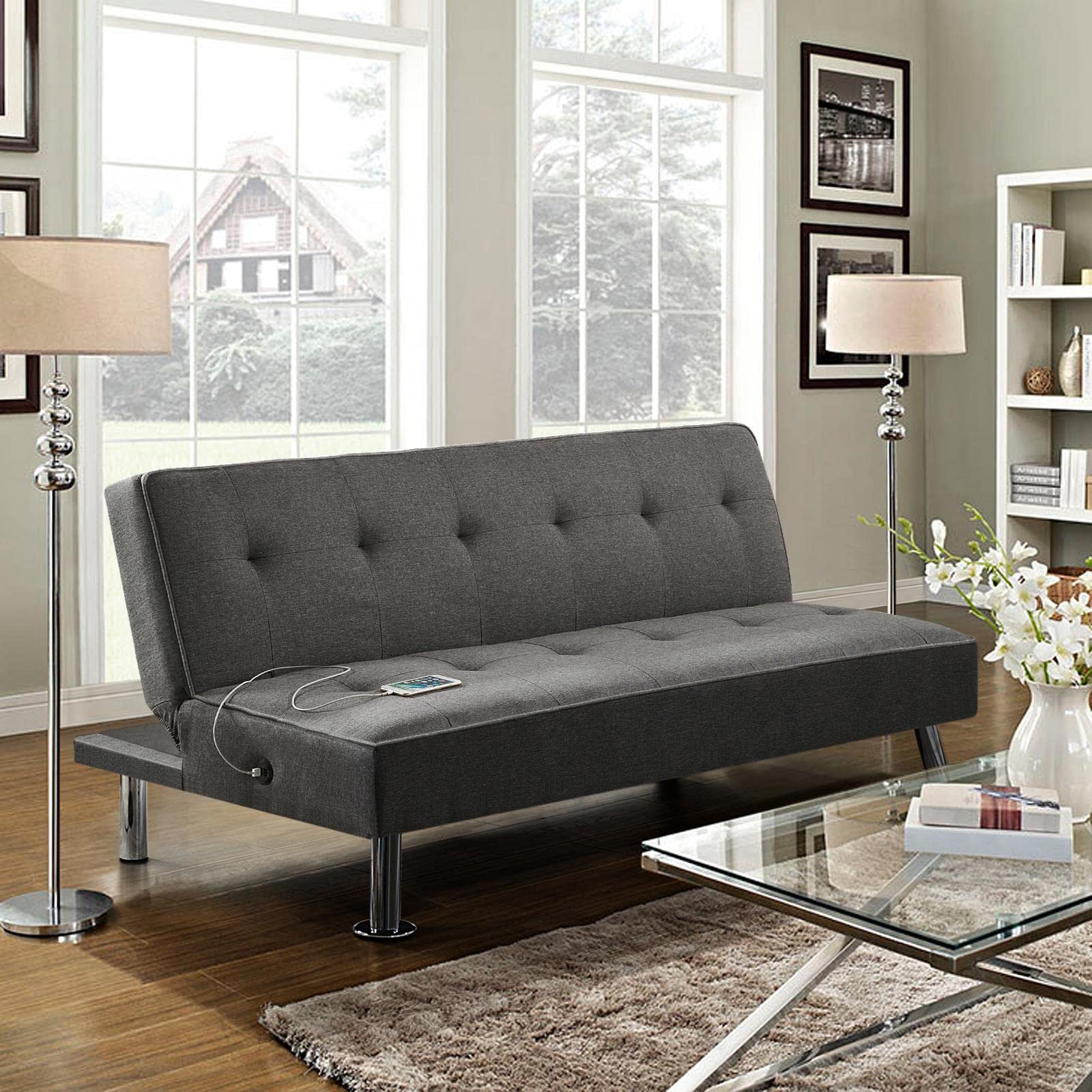 Yaheetech Modern Convertible Futon Sofa Bed w/ 2 Integrated USB Charging Ports Fabric Loveseat Couch Metal Legs, 3 Angles Adjustable Back for Compact Living Space, Apartment, Dorm, Bonus Room Gray