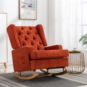 Dolonm Nursery Rocking Chair Upholstered Mid Century Modern Rocker Oversized Wingback Armchair for Living Room with Solid Wood Base (Orange)