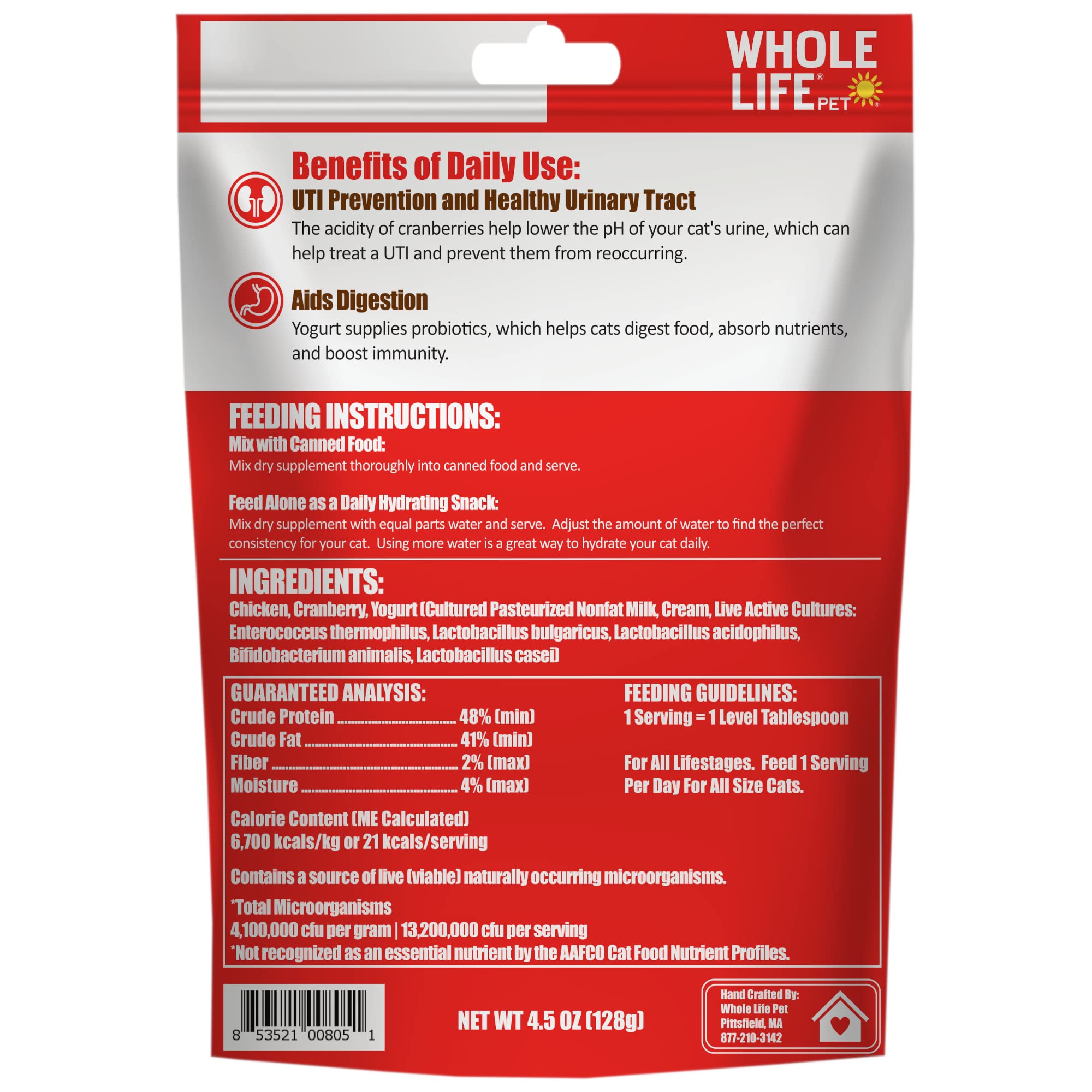 Whole Life Pet Cat Urinary Supplement, Feline UTI Remedy & Prevention, Urinary Tract Infection Treatment - Natural Cranberry for Cats, Cat Probiotic for Health & Digestive Support - 30-Day Supply