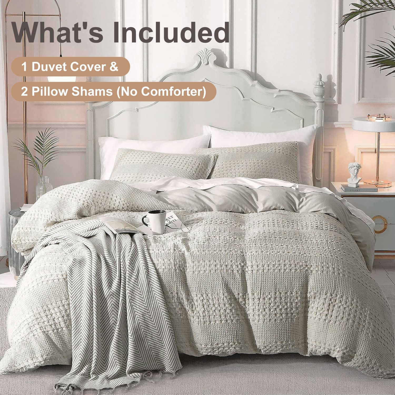 Ivellow Duvet Cover King Waffle Weave Duvet Cover Set 100% Cotton Textured Khaki Duvet Cover Cozy Soft Breathable King Duvet Cover Skin-Friendly Luxury Comforter Cover Bedding Set All Season 104"x90"