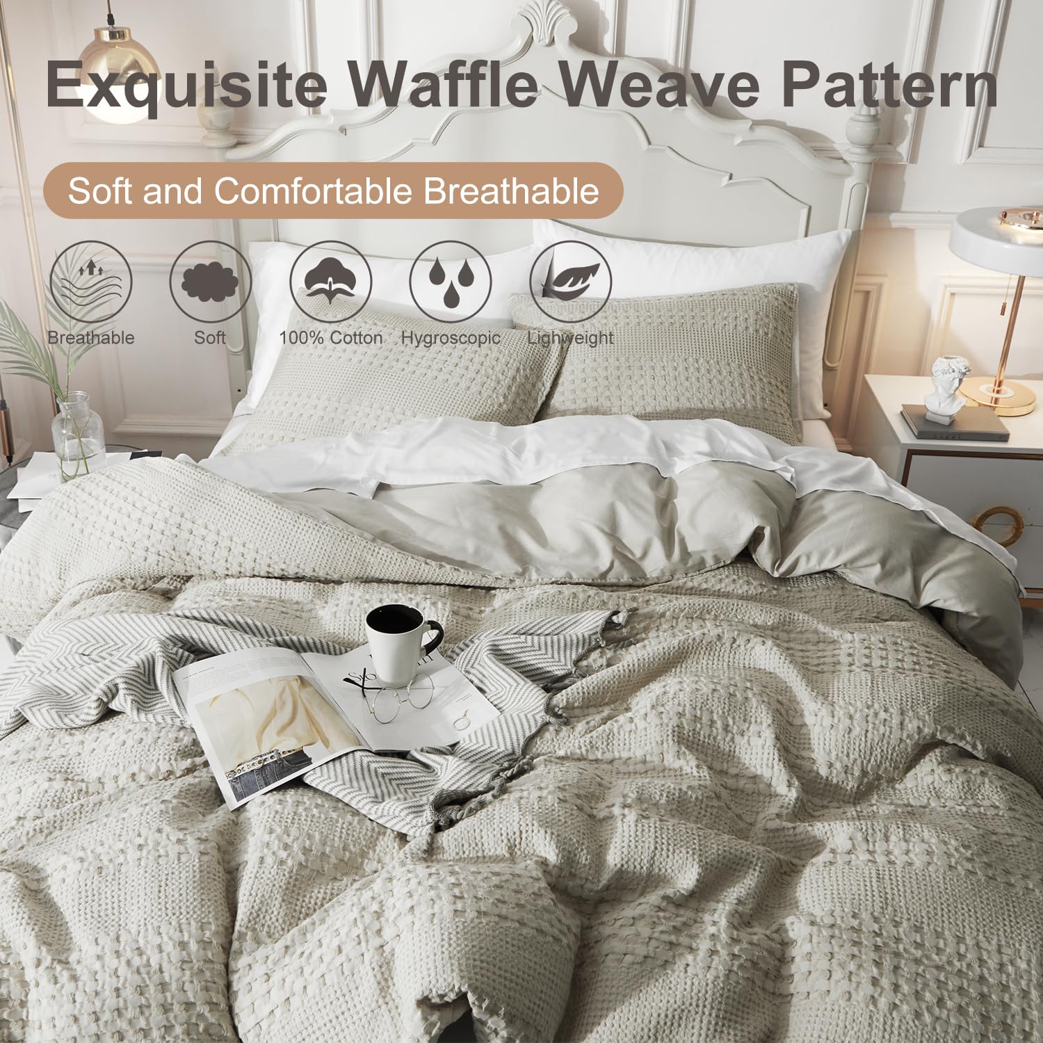 Ivellow Duvet Cover King Waffle Weave Duvet Cover Set 100% Cotton Textured Khaki Duvet Cover Cozy Soft Breathable King Duvet Cover Skin-Friendly Luxury Comforter Cover Bedding Set All Season 104"x90"