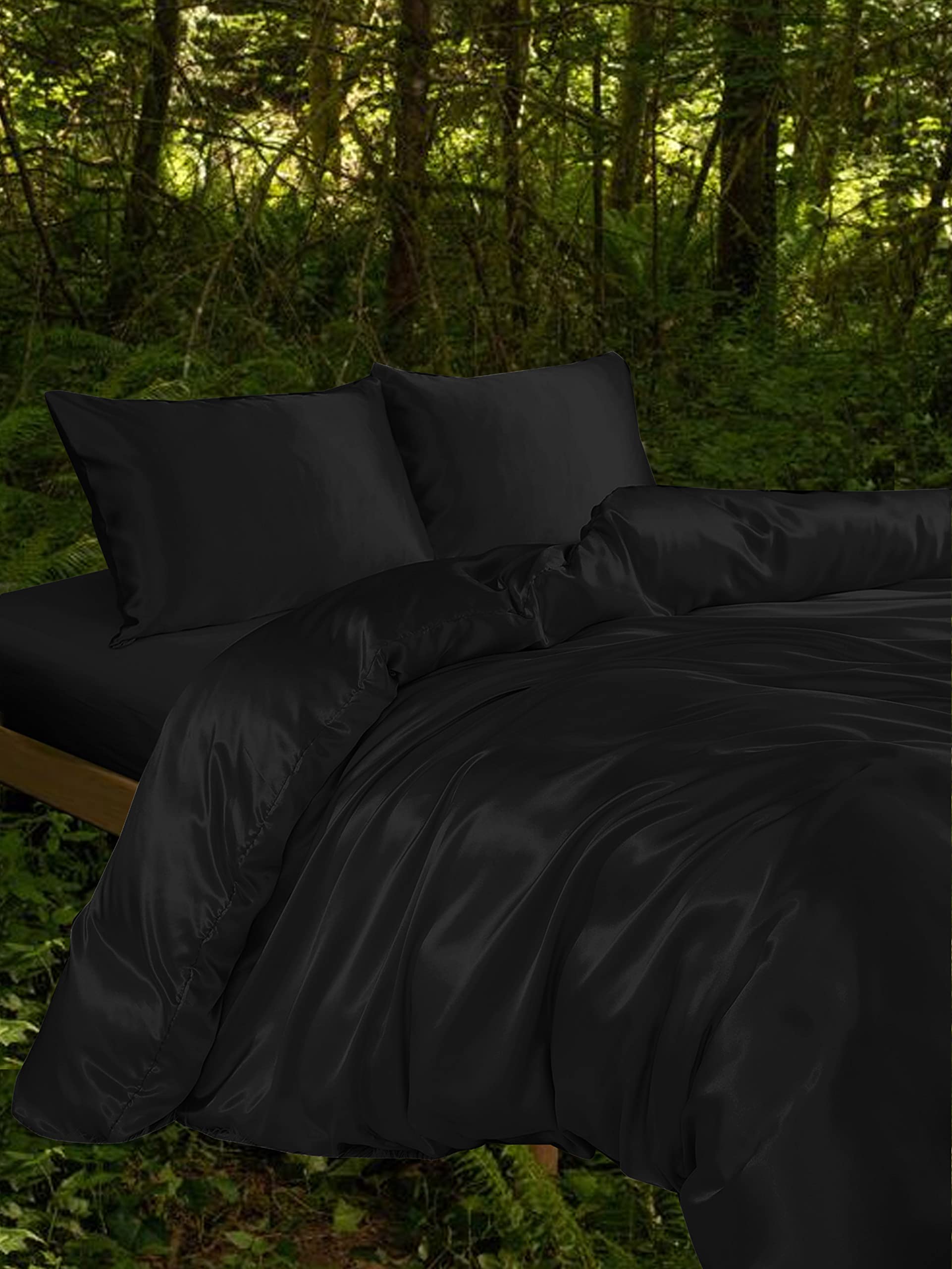 Linenwalas Tencel Lyocell Duvet Cover Set with Deep Pocket Fitted Sheet, Viscose Made from Eucalyptus Soft, Lightweight and Breathable Complete Halloween Black Bedding Set (Jet Black,California King)