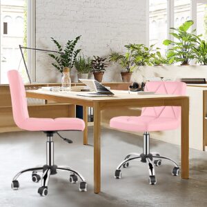 COSVALVE Armless Desk Chair, Low Back Swivel Office Chair, Adjustable Task Chair with Rolling Wheels and Diamond Pattern, for Home Computer Barber, Pink