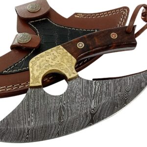 Damascus Steel alaskan Ulu Knife - Fixed Blade knife for Chopping Boning Slicing Cutting,Solid Burl Rose Wood Handle with Leather Sheath.SM145