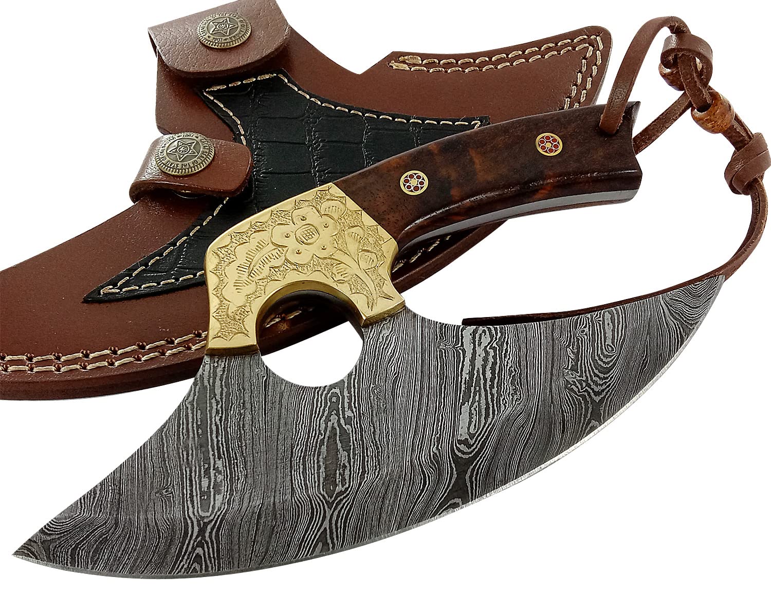 Damascus Steel alaskan Ulu Knife - Fixed Blade knife for Chopping Boning Slicing Cutting,Solid Burl Rose Wood Handle with Leather Sheath.SM145