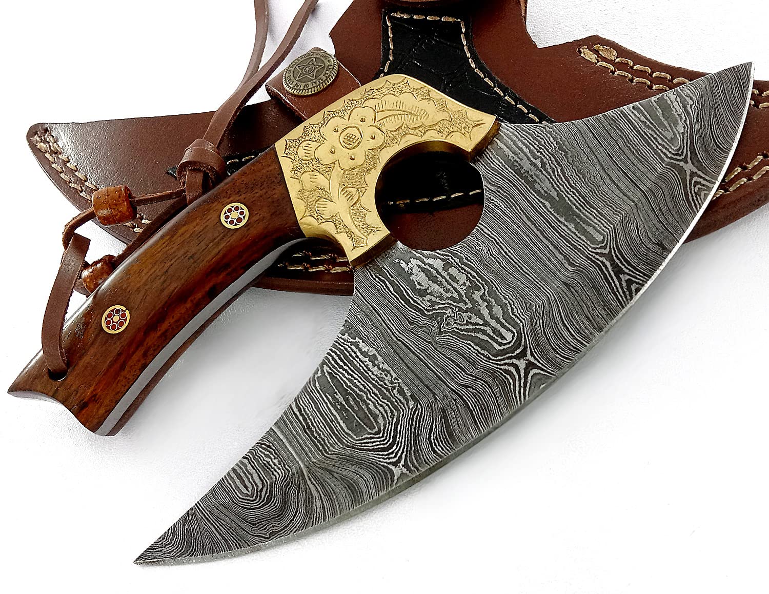 Damascus Steel alaskan Ulu Knife - Fixed Blade knife for Chopping Boning Slicing Cutting,Solid Burl Rose Wood Handle with Leather Sheath.SM145