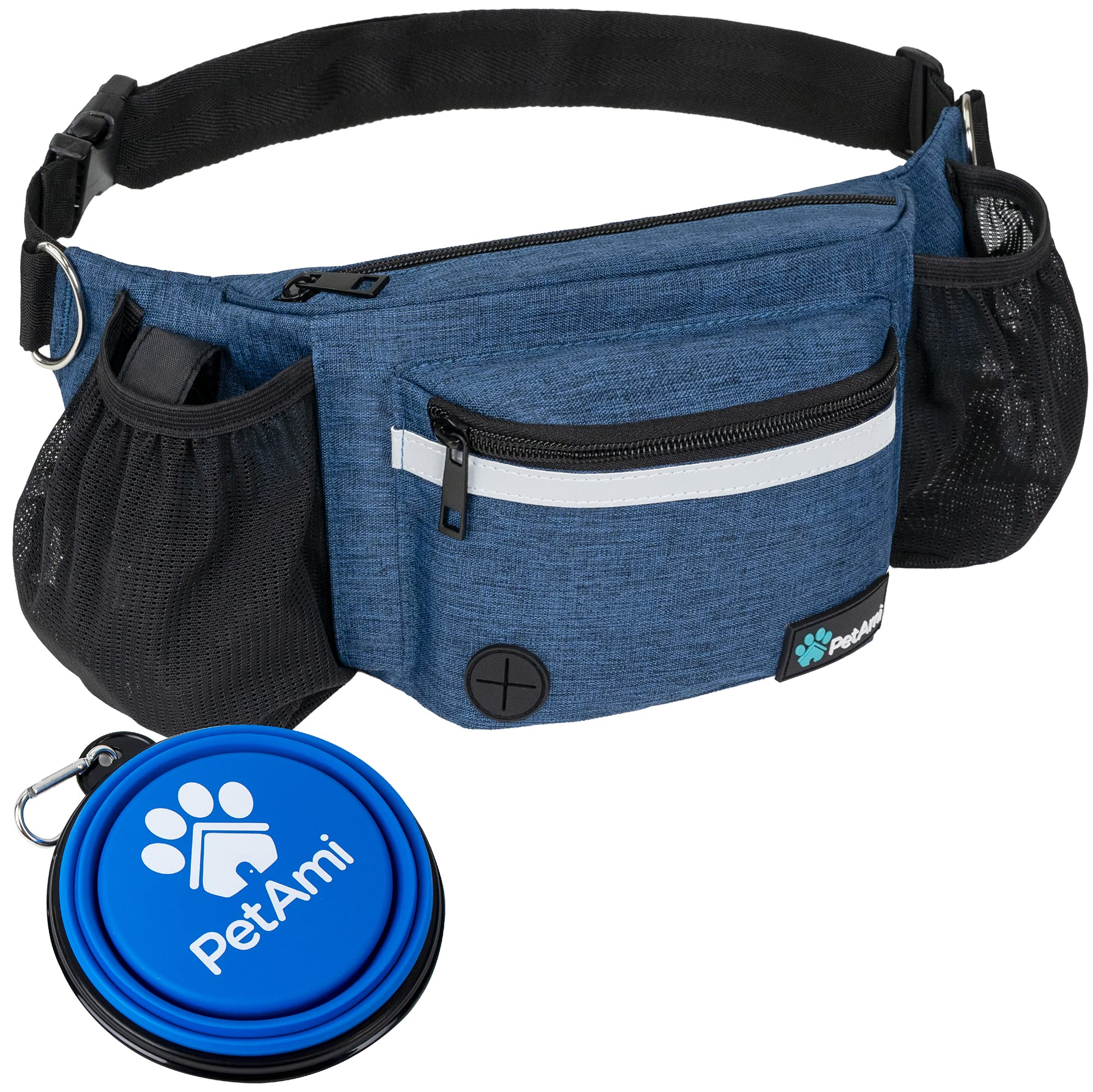 PetAmi Dog Fanny Pack, Treat Pouch for Dog Walking, Training, Built in Poop Bag Dispenser, Water Bottle Holder, Collapsible Bowl, Pet Treat Waist Belt for Hiking, Running, Kibbles (Navy Blue)