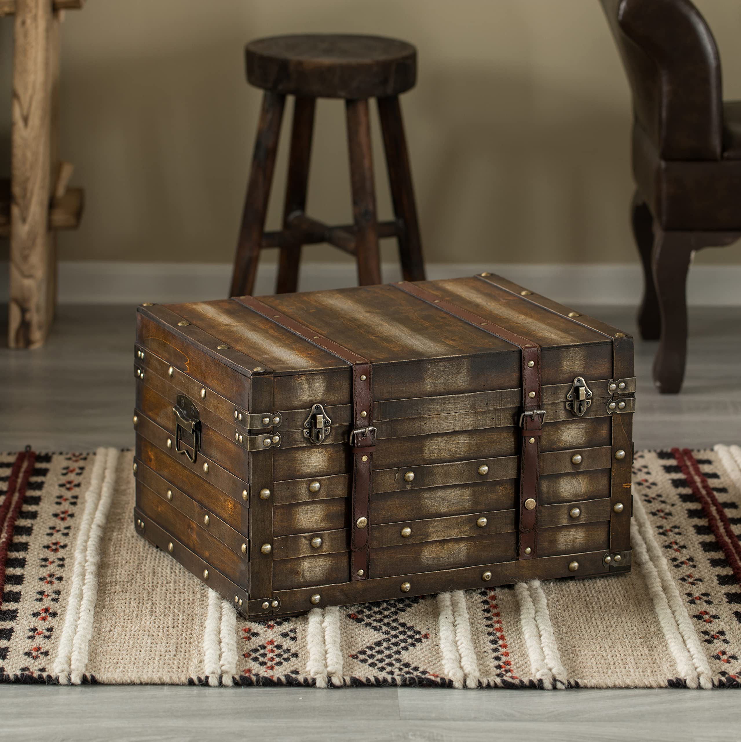 Vintiquewise Wooden Brown Storage Trunk with Faux Leather Straps and Handles, Large