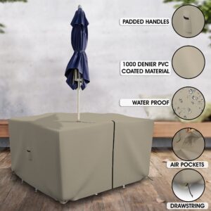 Covers & all Square Table & Chair Set Cover with Umbrella Hole, 12 Oz Waterproof UV & Weather Resistant, Patio Lawn Garden Backyard Furniture with Air Vents & Drawstrings (65"L X 65"W X 30"H, Beige)